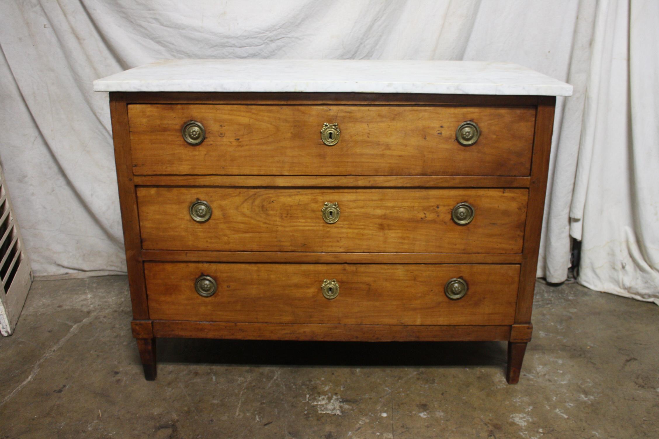 Beautiful 18th century commode, so authentic with its use of age. Original marble top.