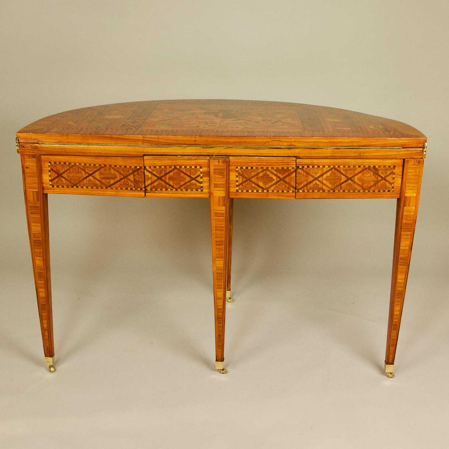 Wood French 18th Century Louis XVI Marquetry Demilune Fold-Over Game Table