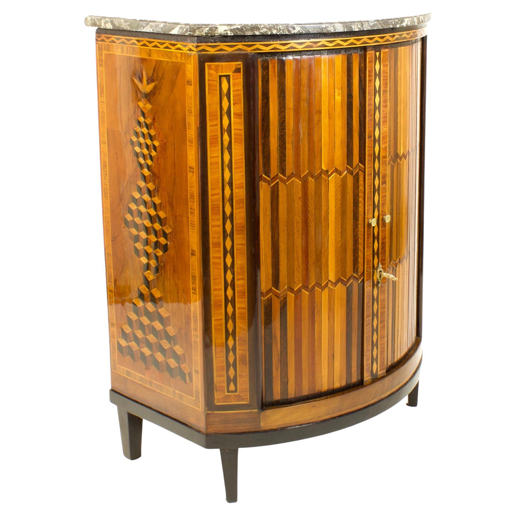 French 18th Century Louis XVI Marquetry Sliding Doors Demilune Cabinet