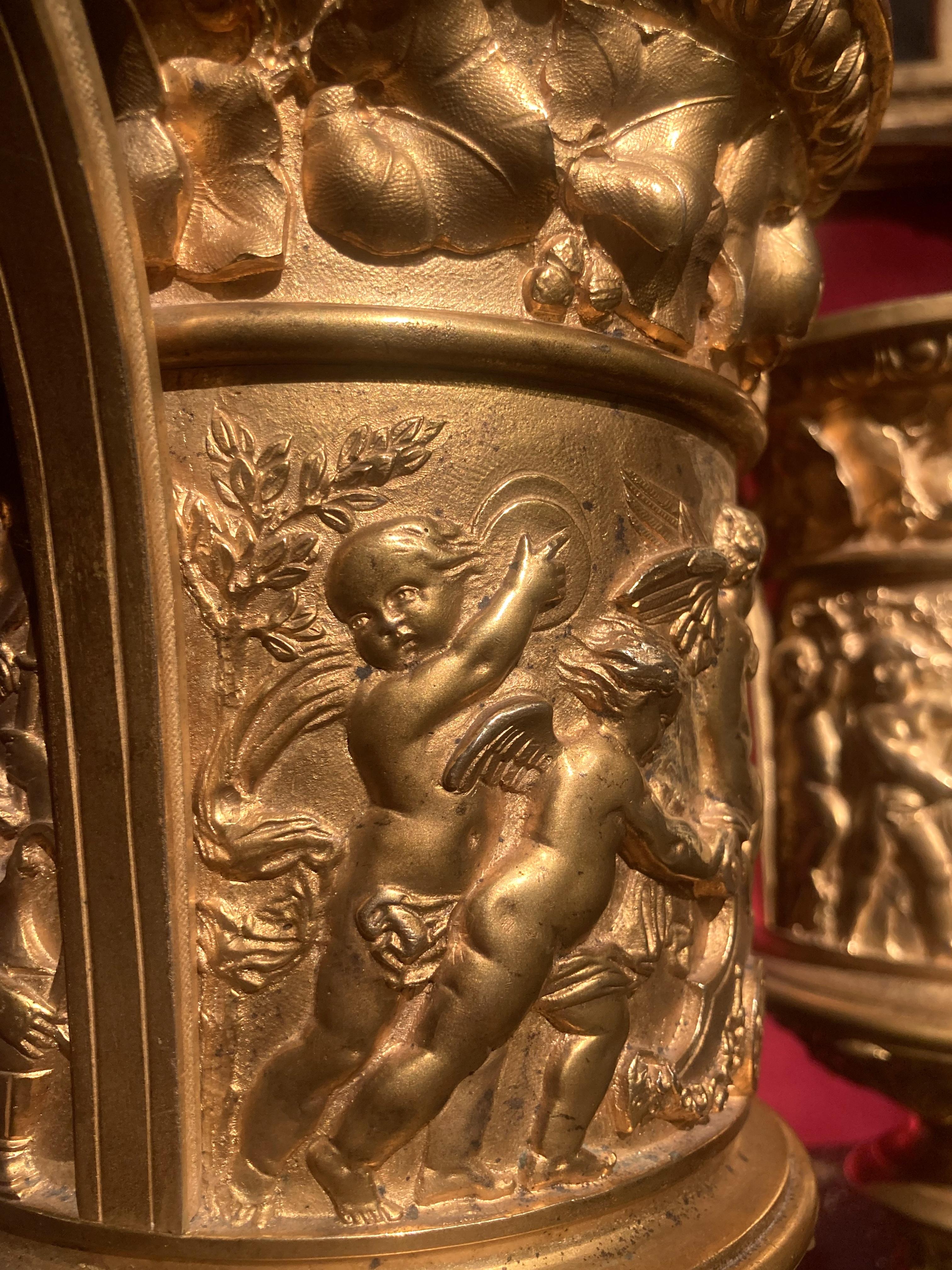 French 18th Century Louis XVI Ormolu Handled Vases, Relief Putto on Marble Base For Sale 6