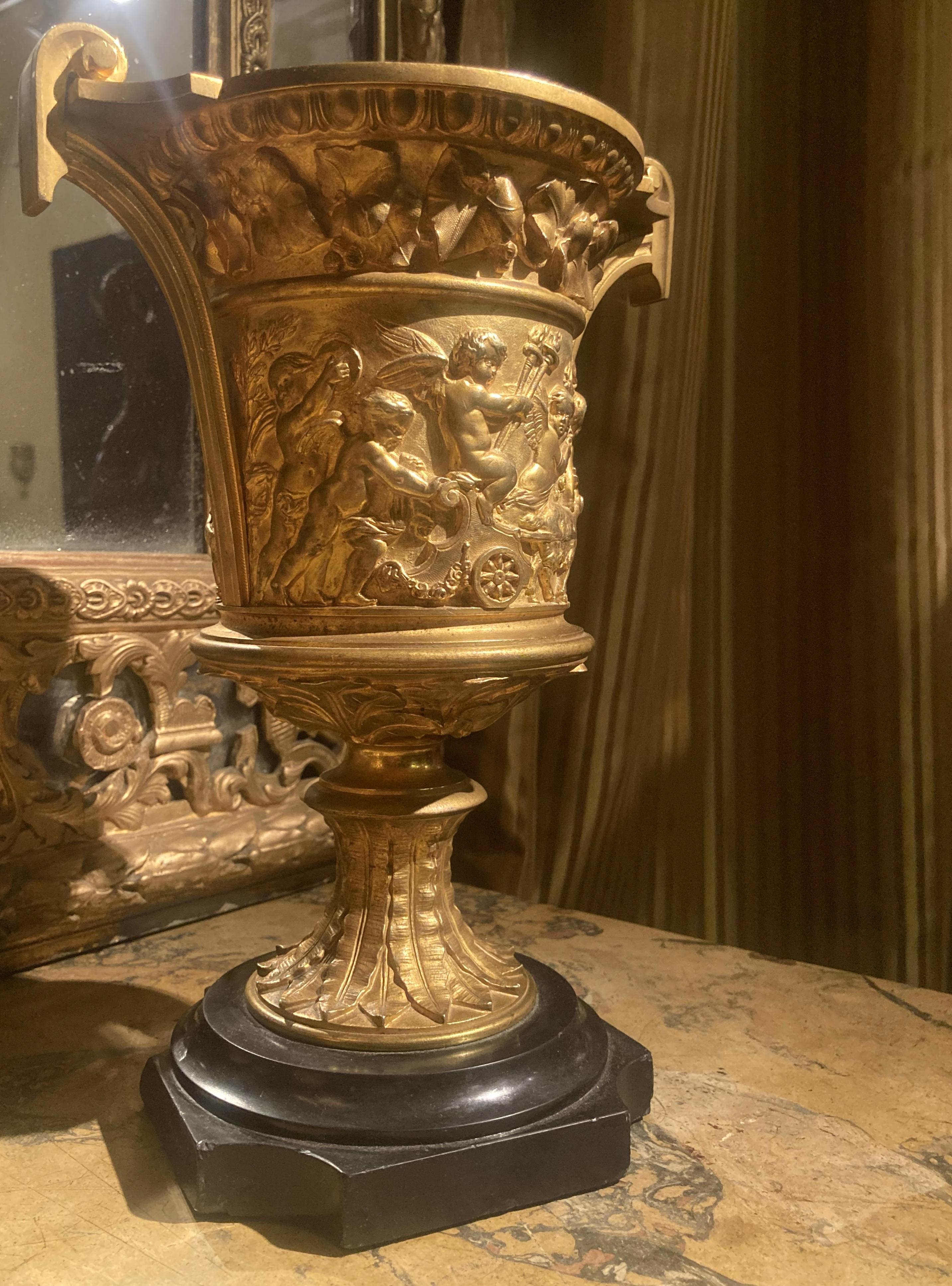 French 18th Century Louis XVI Ormolu Handled Vases, Relief Putto on Marble Base For Sale 12