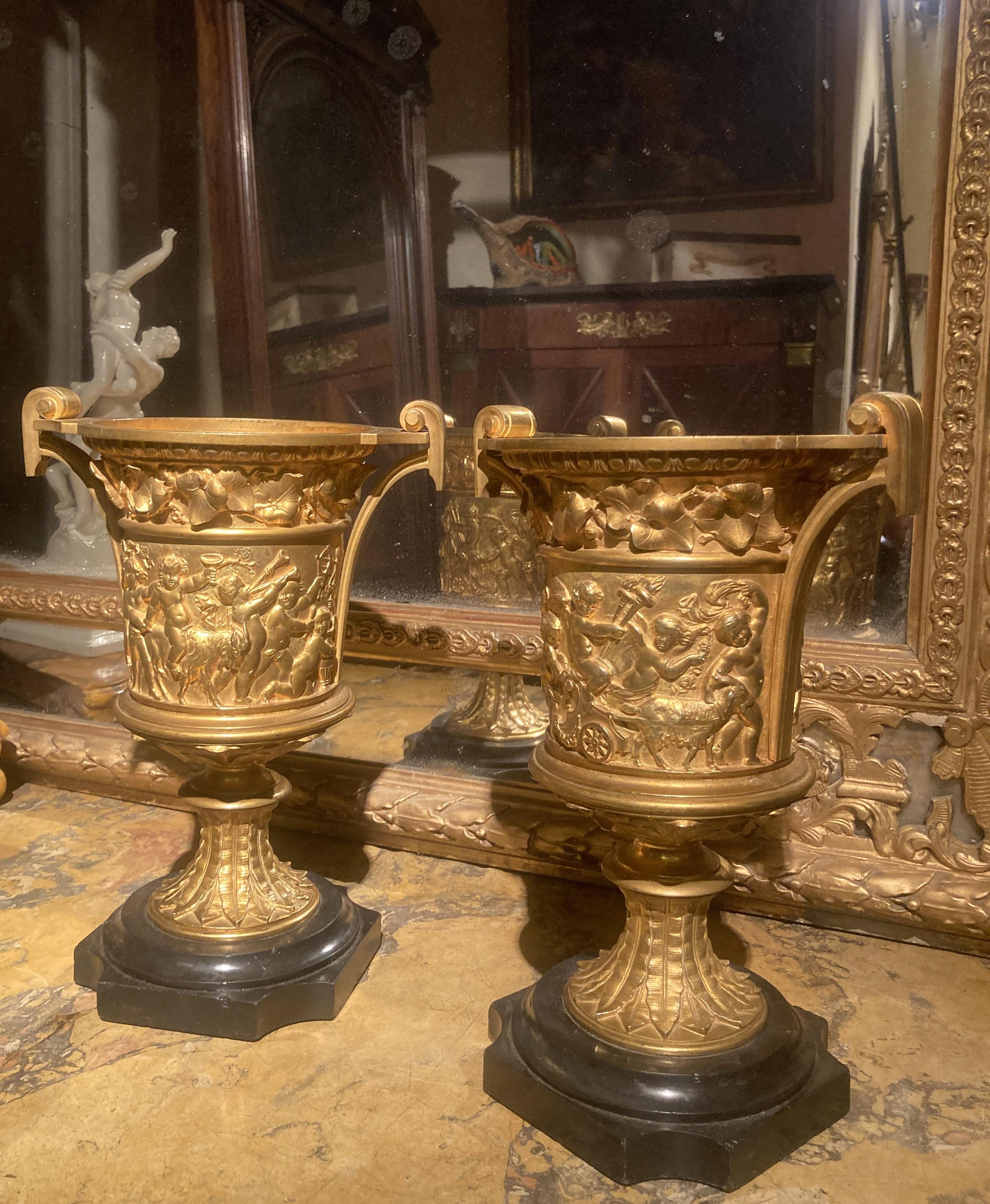 Hand-Crafted French 18th Century Louis XVI Ormolu Handled Vases, Relief Putto on Marble Base For Sale