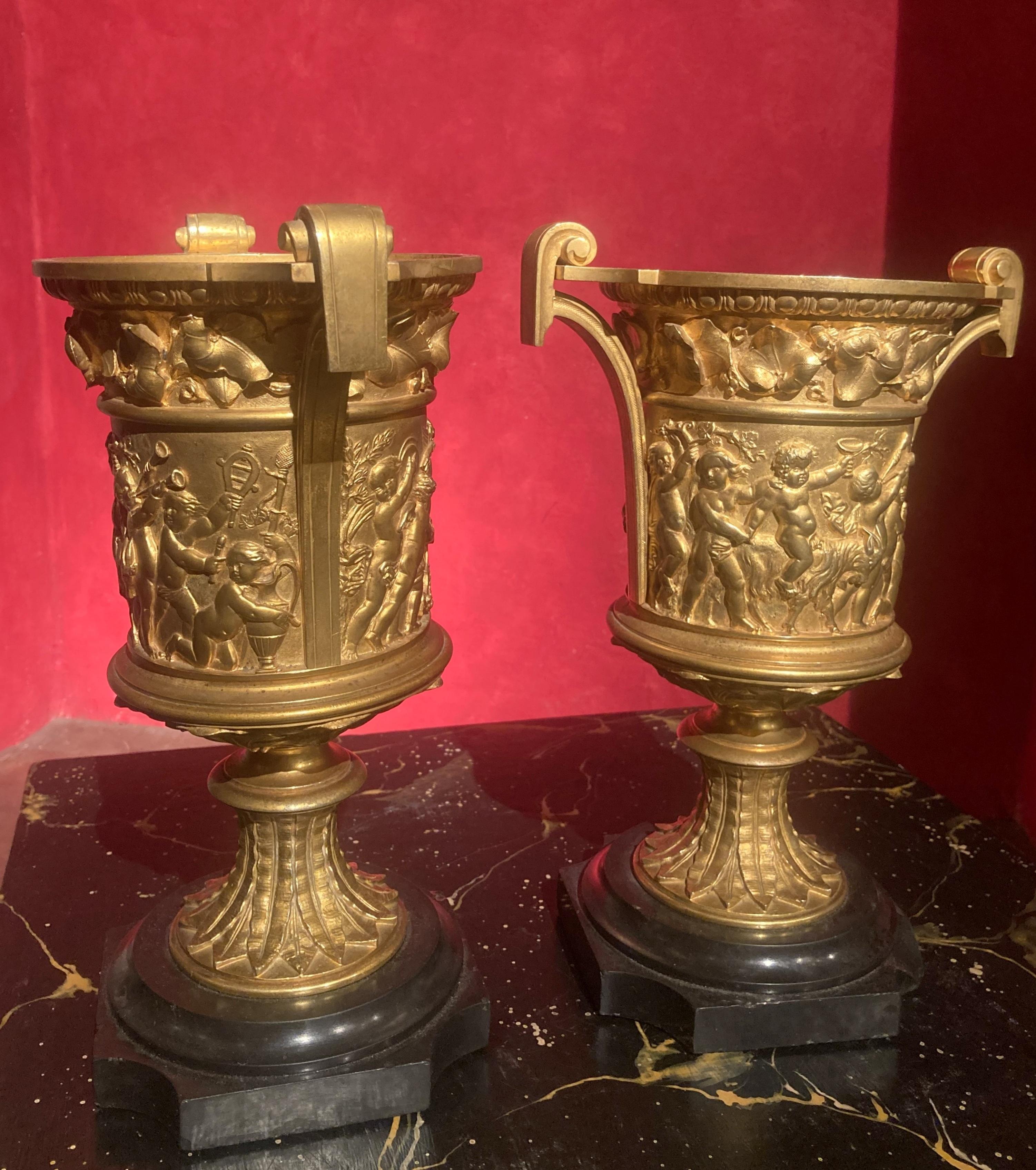 French 18th Century Louis XVI Ormolu Handled Vases, Relief Putto on Marble Base For Sale 3