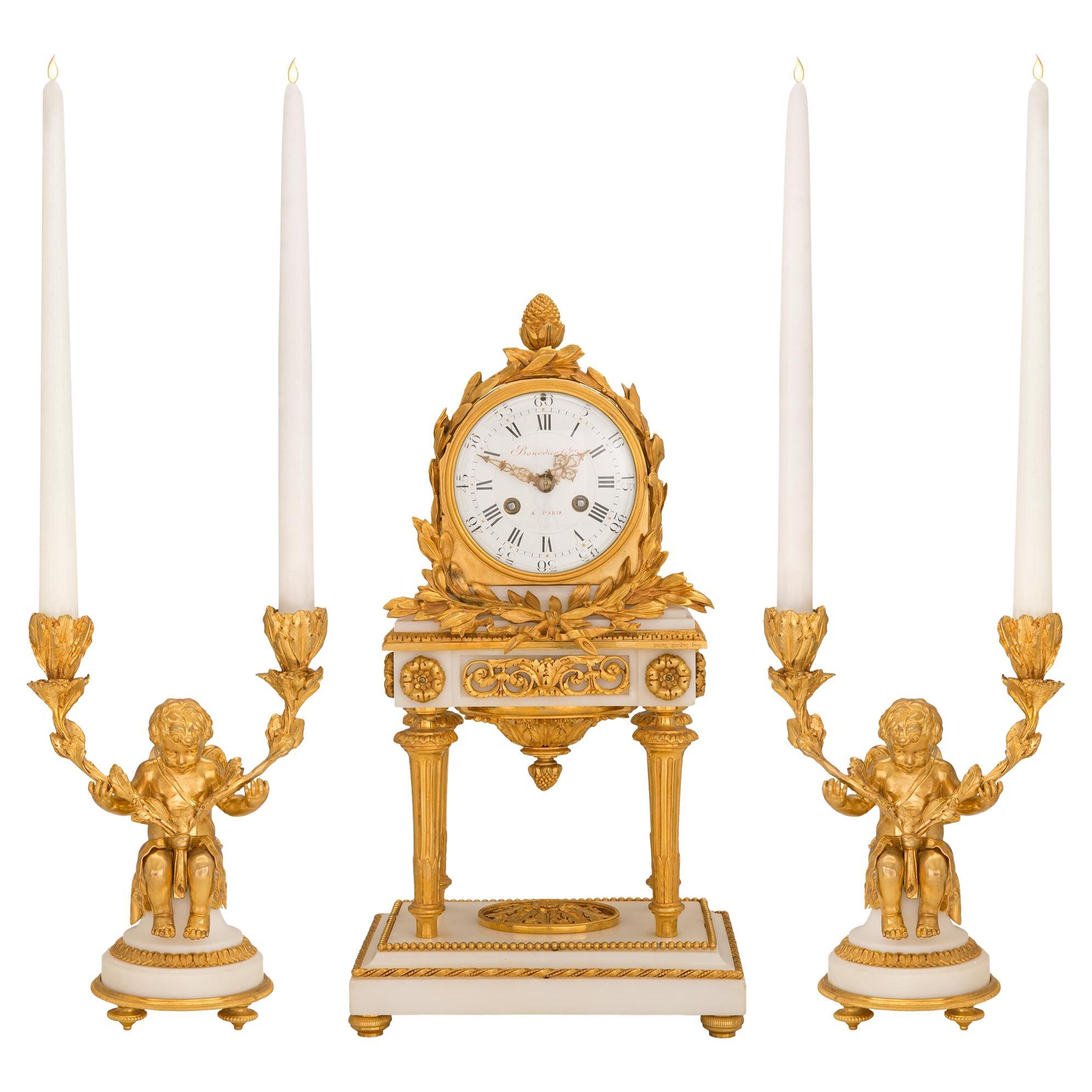 French 18th Century Louis XVI Period Carrara Marble and Ormolu Garniture Set For Sale