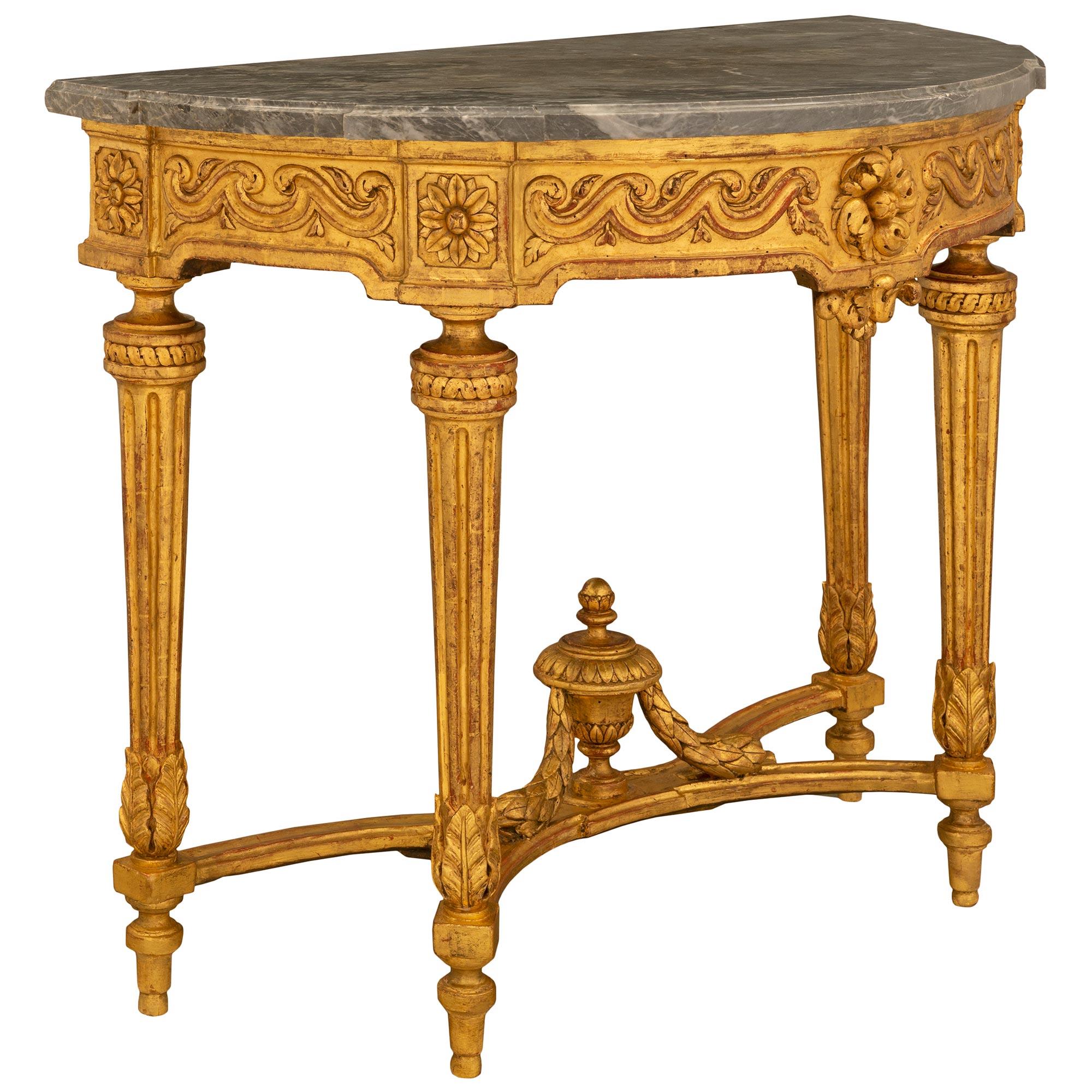 French, 18th Century Louis XVI Period Giltwood And Grey Marble Demi Lune Console In Good Condition For Sale In West Palm Beach, FL