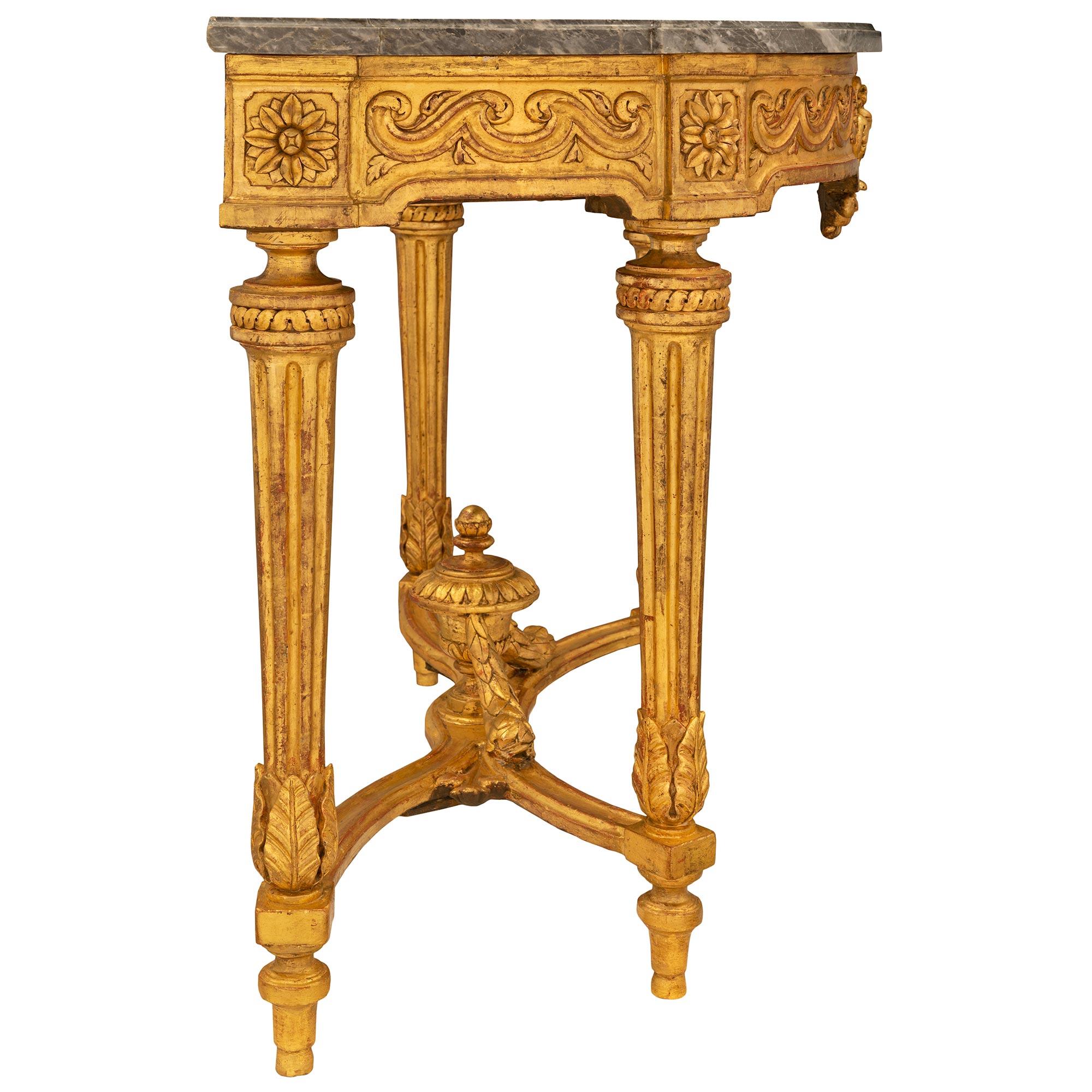 18th Century and Earlier French, 18th Century Louis XVI Period Giltwood And Grey Marble Demi Lune Console For Sale