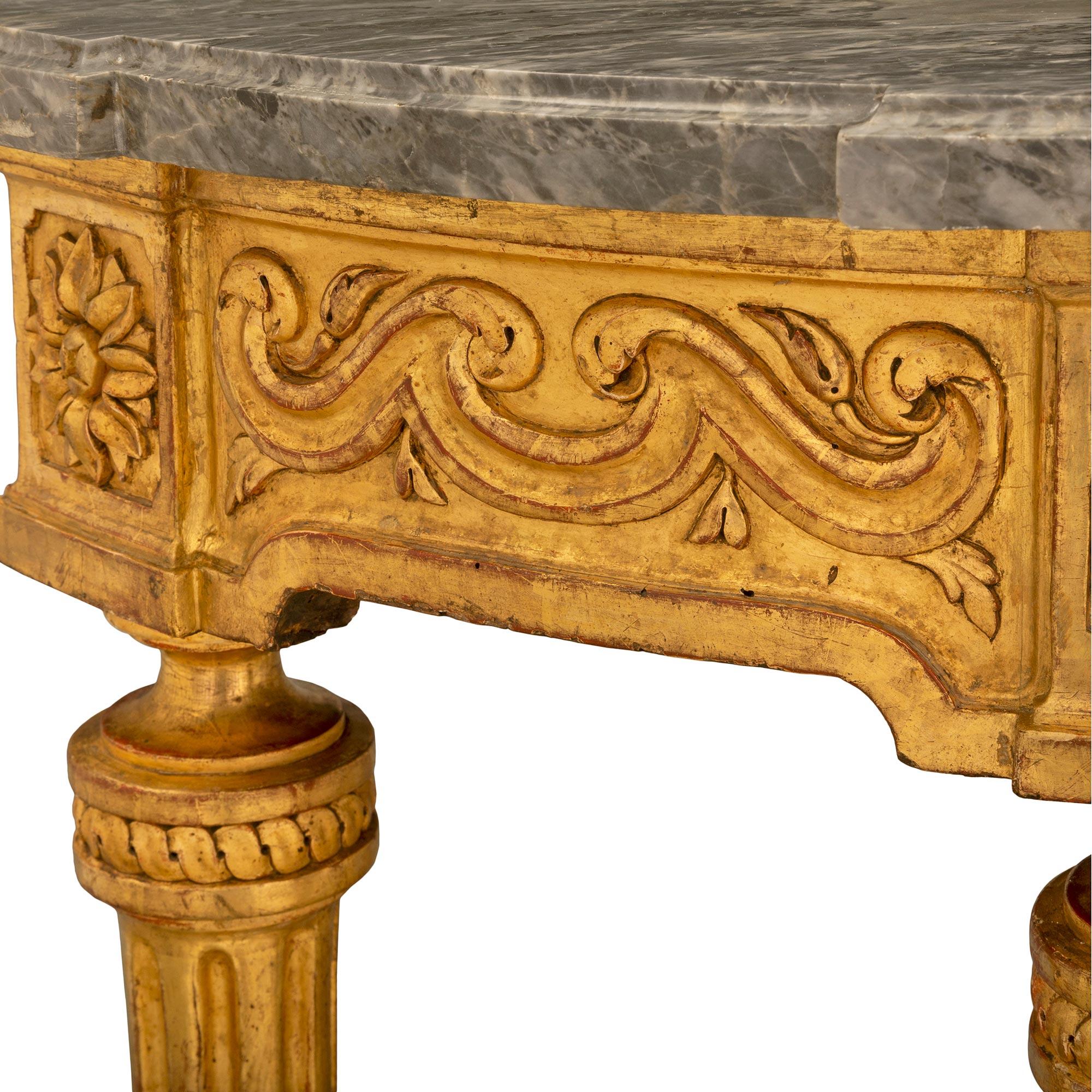 French, 18th Century Louis XVI Period Giltwood And Grey Marble Demi Lune Console For Sale 2