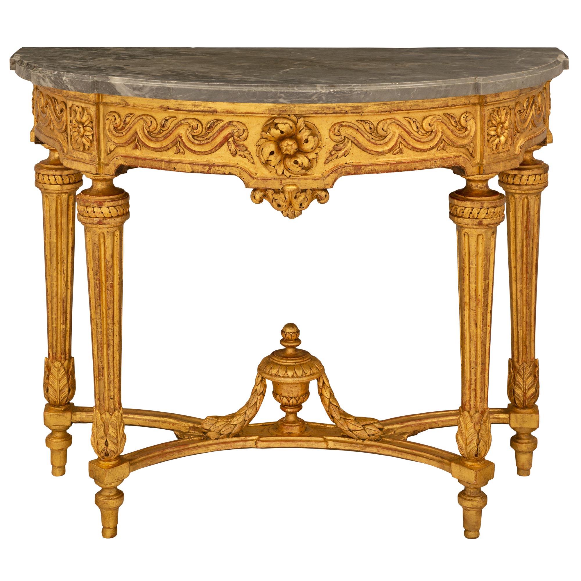 French, 18th Century Louis XVI Period Giltwood And Grey Marble Demi Lune Console