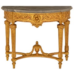 Antique French, 18th Century Louis XVI Period Giltwood And Grey Marble Demi Lune Console