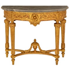 Console Demi Lune en bois doré et marbre gris d'époque Louis XVI du 18ème siècle