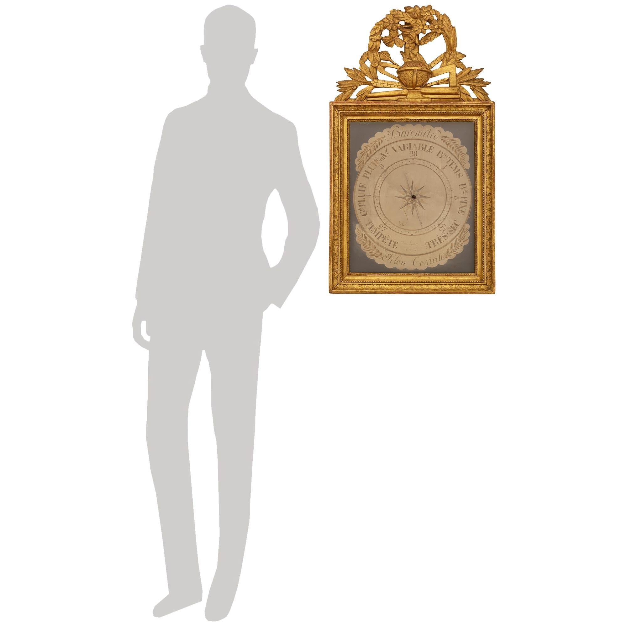 An elegant and most decorative French 18th century Louis XVI Period Giltwood barometer, signed Lepage 1767. This wonderful barometer is set within an intricately carved Giltwood frame with outer acanthus leaf designs and inner double beaded bands.