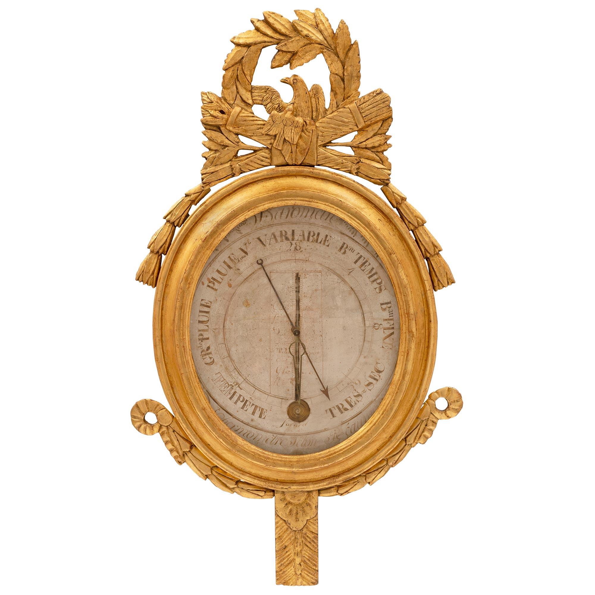 French 18th Century Louis XVI Period Giltwood Barometer Thermometer For Sale