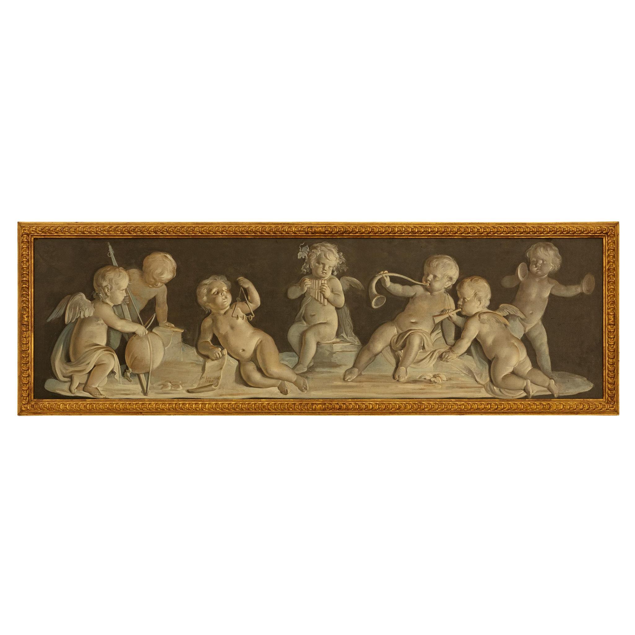 French 18th century Louis XVI Period Grisaille painting, signed M. Sauvage 1787