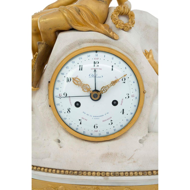 French 18th Century Louis XVI Period Ormolu and Marble Clock, Signed Déliau For Sale 3