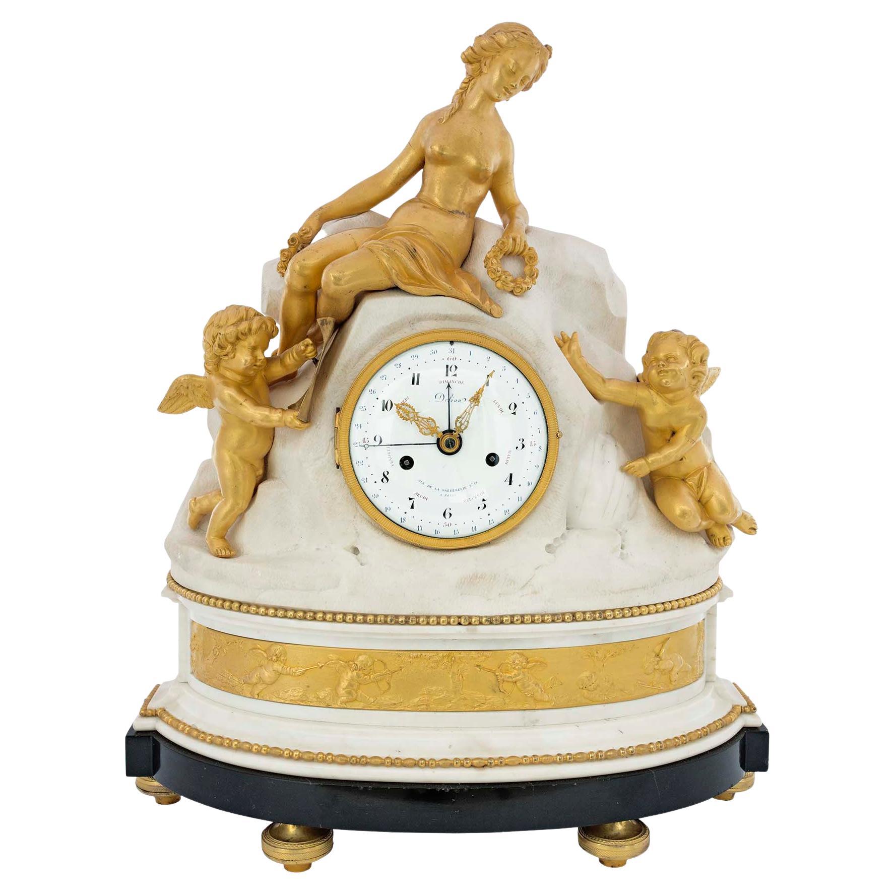 French 18th Century Louis XVI Period Ormolu and Marble Clock, Signed Déliau