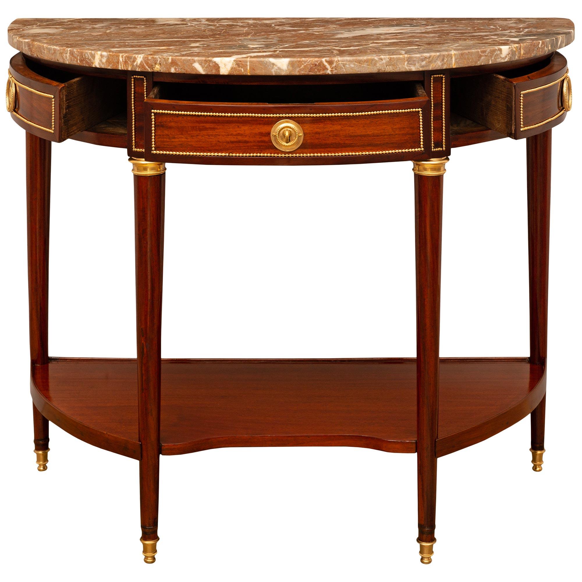 18th Century and Earlier French 18th Century Louis XVI Period Ormolu, Mahogany, And Marble Console For Sale