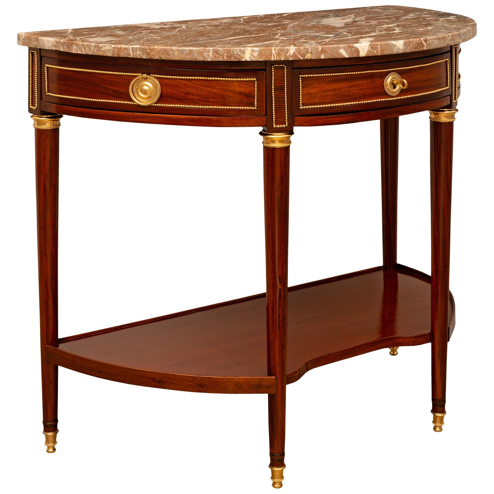 French 18th Century Louis XVI Period Ormolu, Mahogany, And Marble Console For Sale 1
