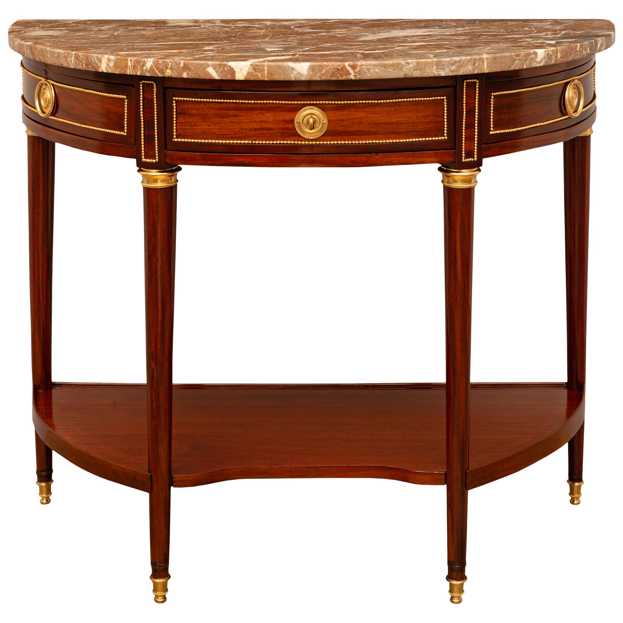 French 18th Century Louis XVI Period Ormolu, Mahogany, And Marble Console For Sale