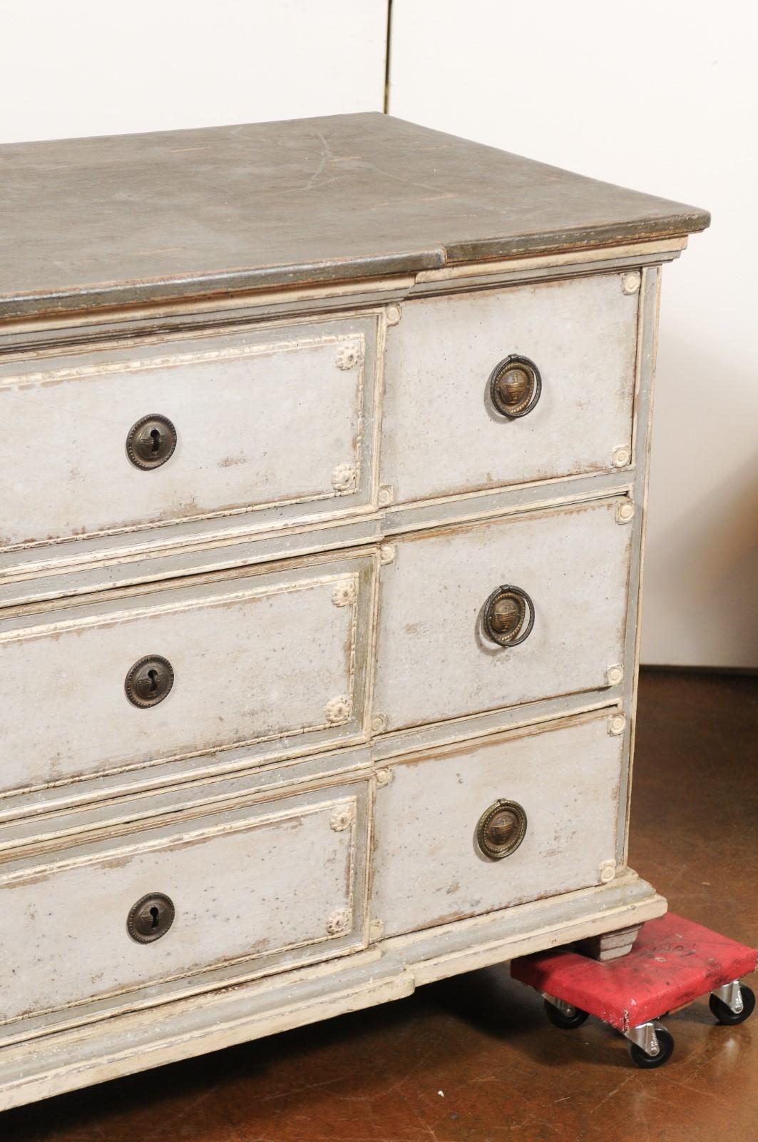 Wood French 18th Century Louis XVI Period Painted Breakfront Three-Drawer Commode