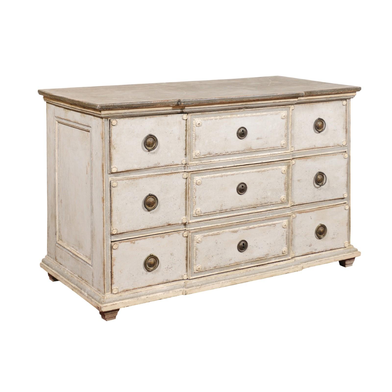 French 18th Century Louis XVI Period Painted Breakfront Three-Drawer Commode