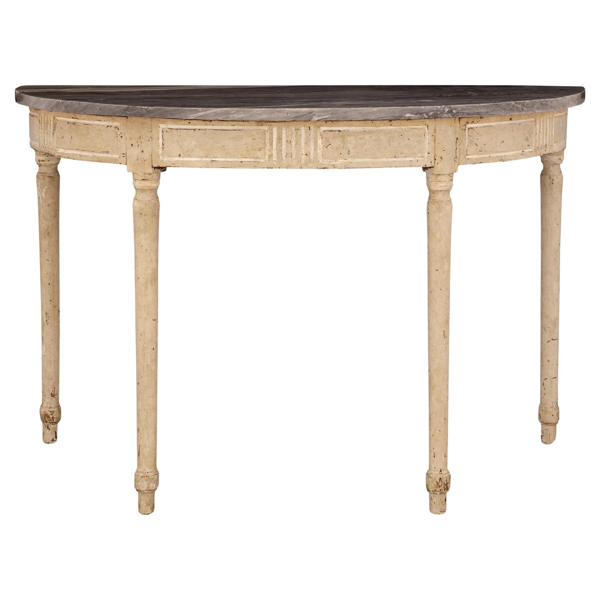 Console française d'époque Louis XVI du 18ème siècle en bois patiné et marbre