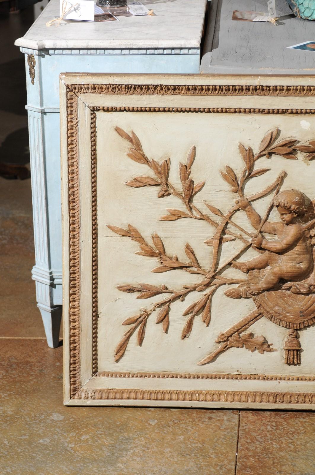 18th Century and Earlier French 18th Century Louis XVI Period Wooden Panel with Carved Cherub and Foliage