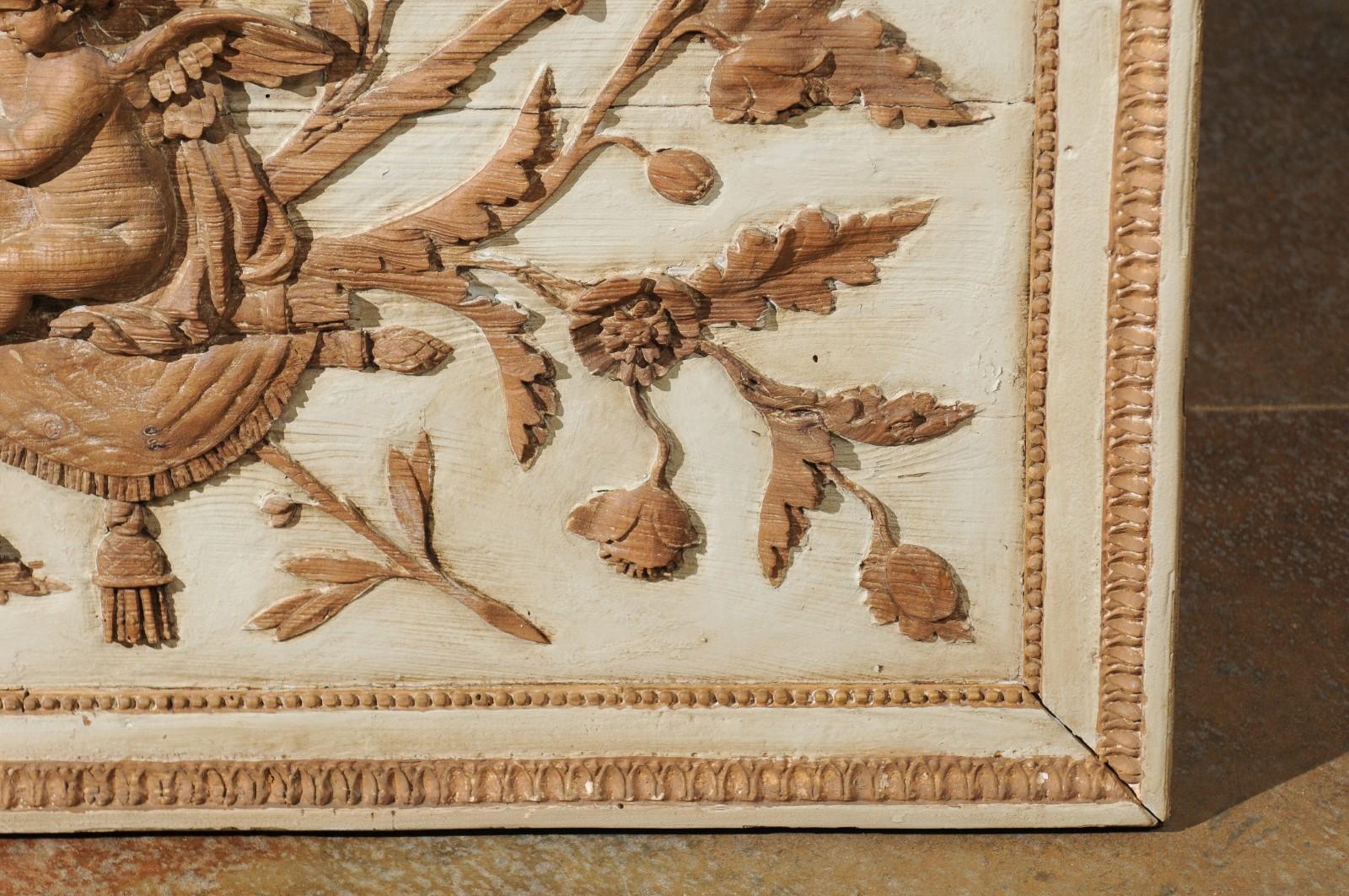 French 18th Century Louis XVI Period Wooden Panel with Carved Cherub and Foliage 4