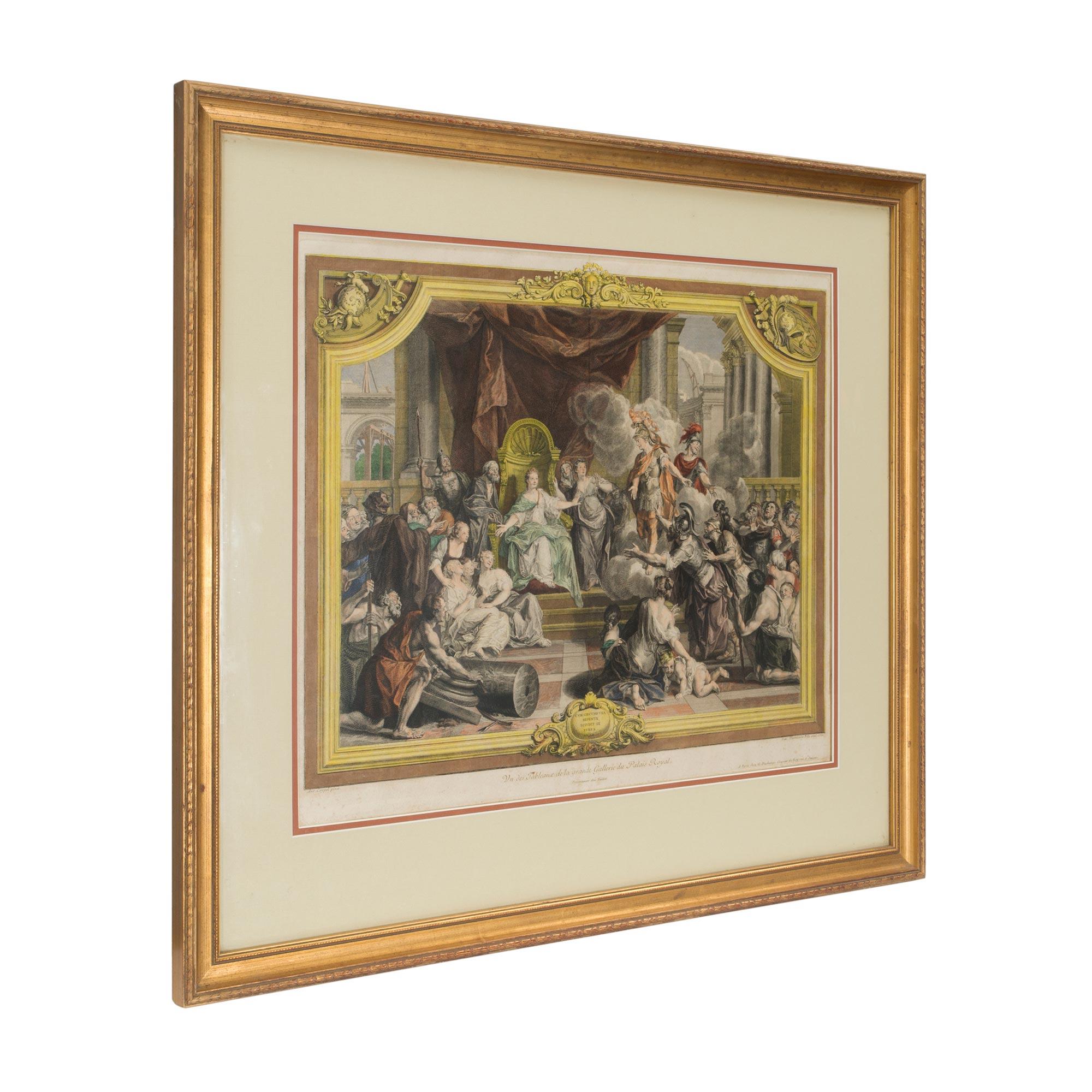 A fine French 18th century Louis XVI st. print titled: Un des Tableaux de la grande Gallerie du Palais Royal (one of the paintings of the grand Gallery of the Royal Palace). The print likely depicts a painting at the Royal Palace of a maiden seated