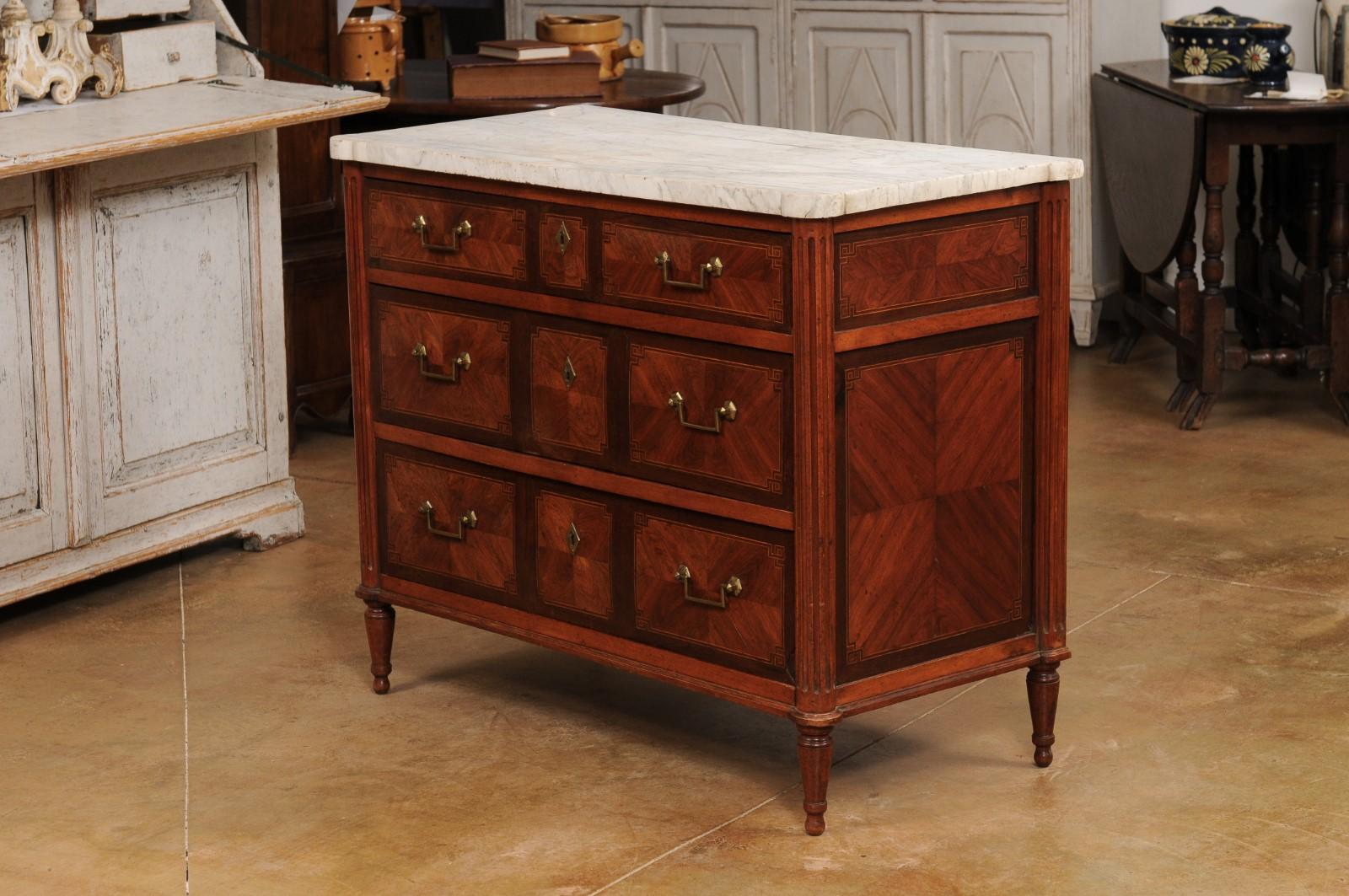 French 18th Century Mahogany and Rosewood Three Drawer Commode with Marble Top 5