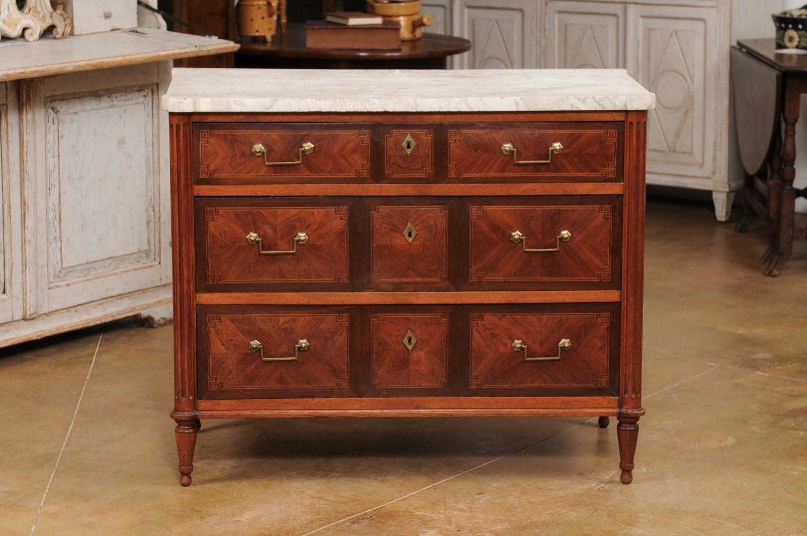 French 18th Century Mahogany and Rosewood Three Drawer Commode with Marble Top 6