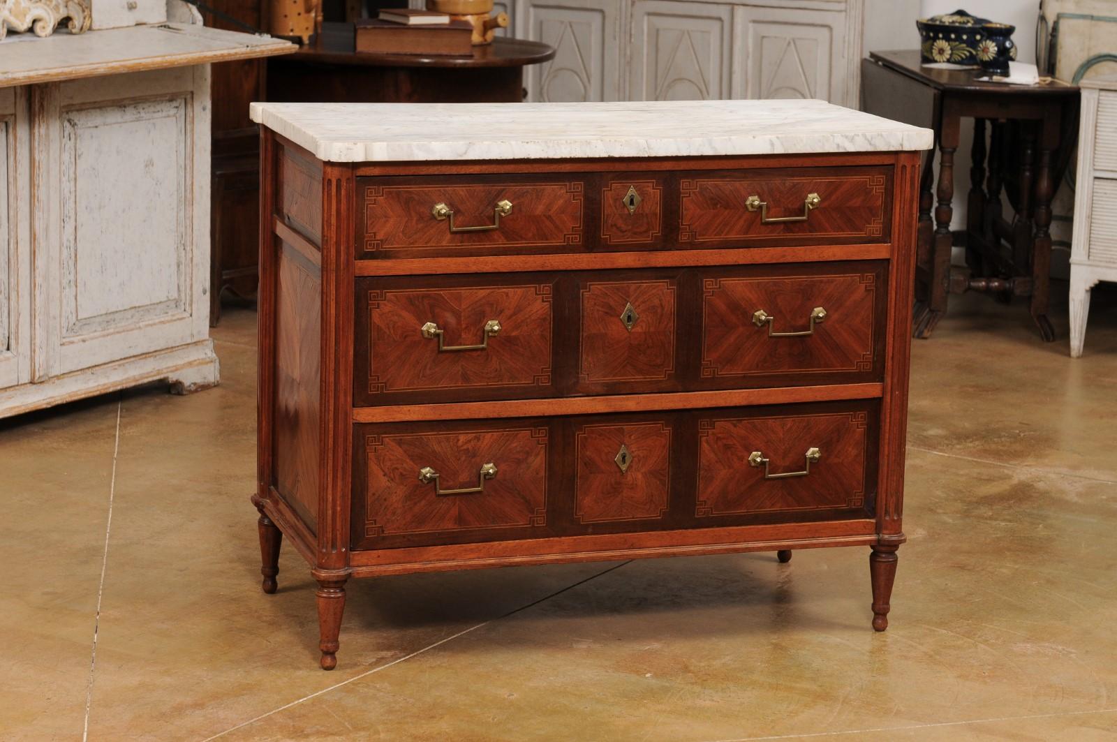 French 18th Century Mahogany and Rosewood Three Drawer Commode with Marble Top 7