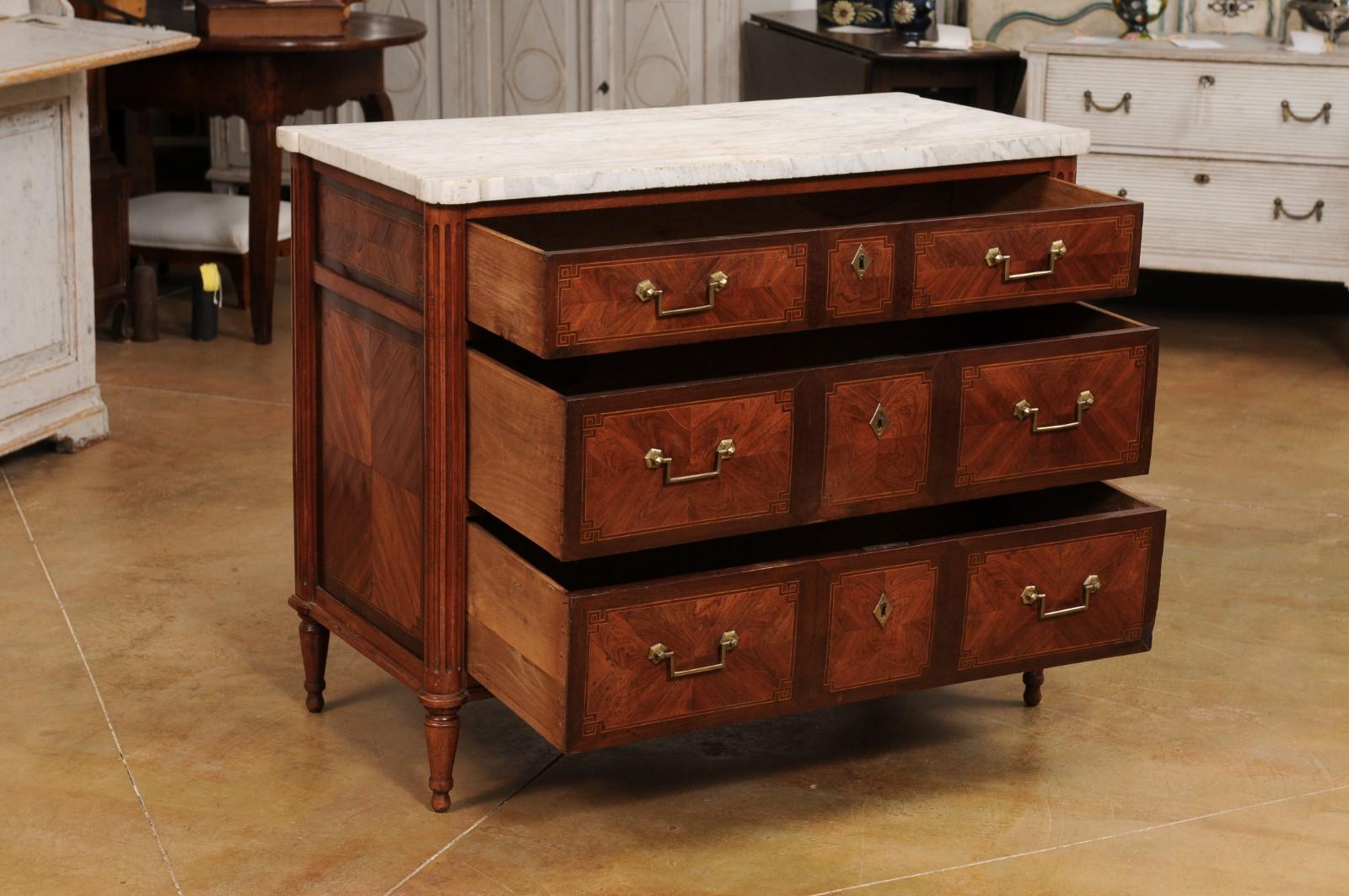 French 18th Century Mahogany and Rosewood Three Drawer Commode with Marble Top In Good Condition In Atlanta, GA