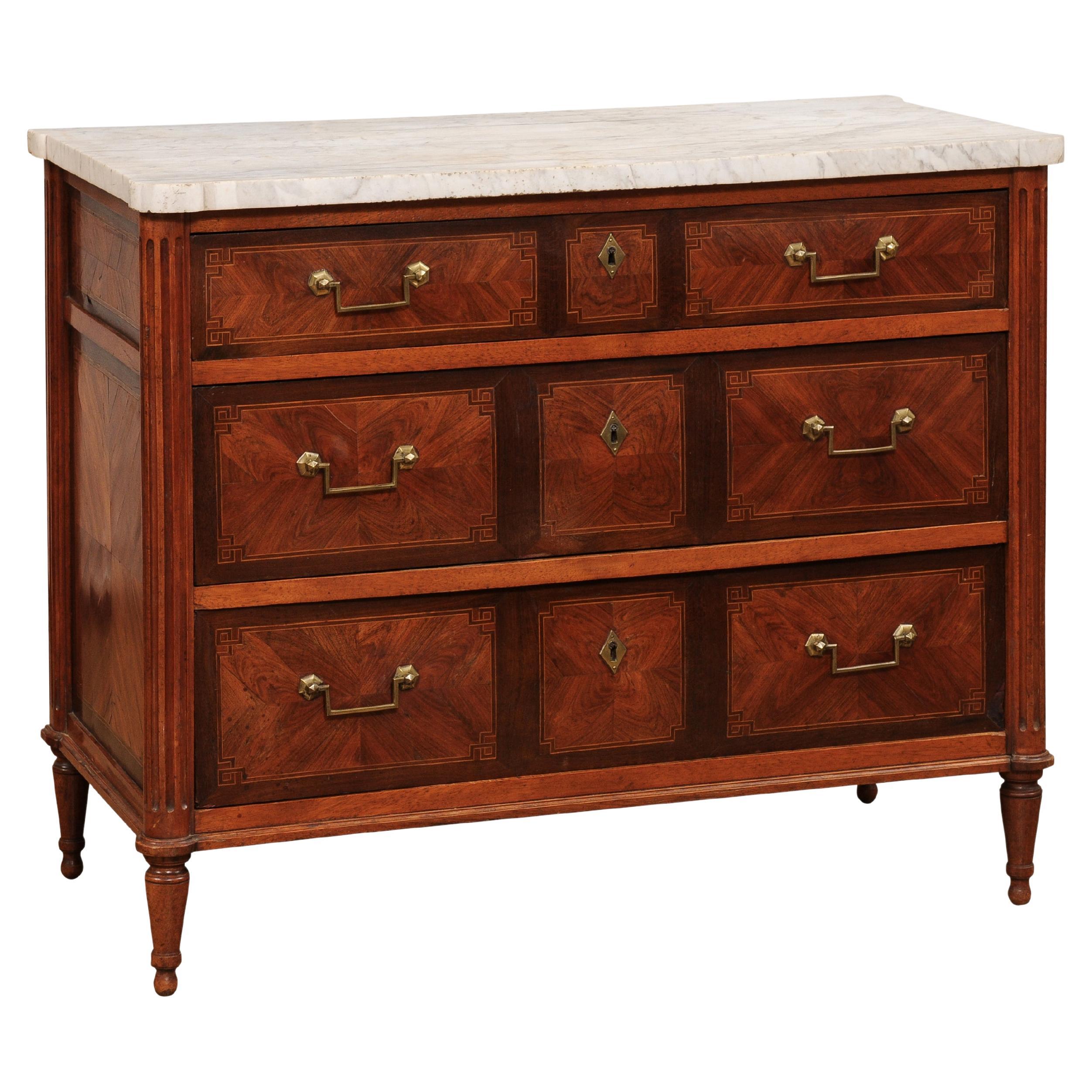 French 18th Century Mahogany and Rosewood Three Drawer Commode with Marble Top