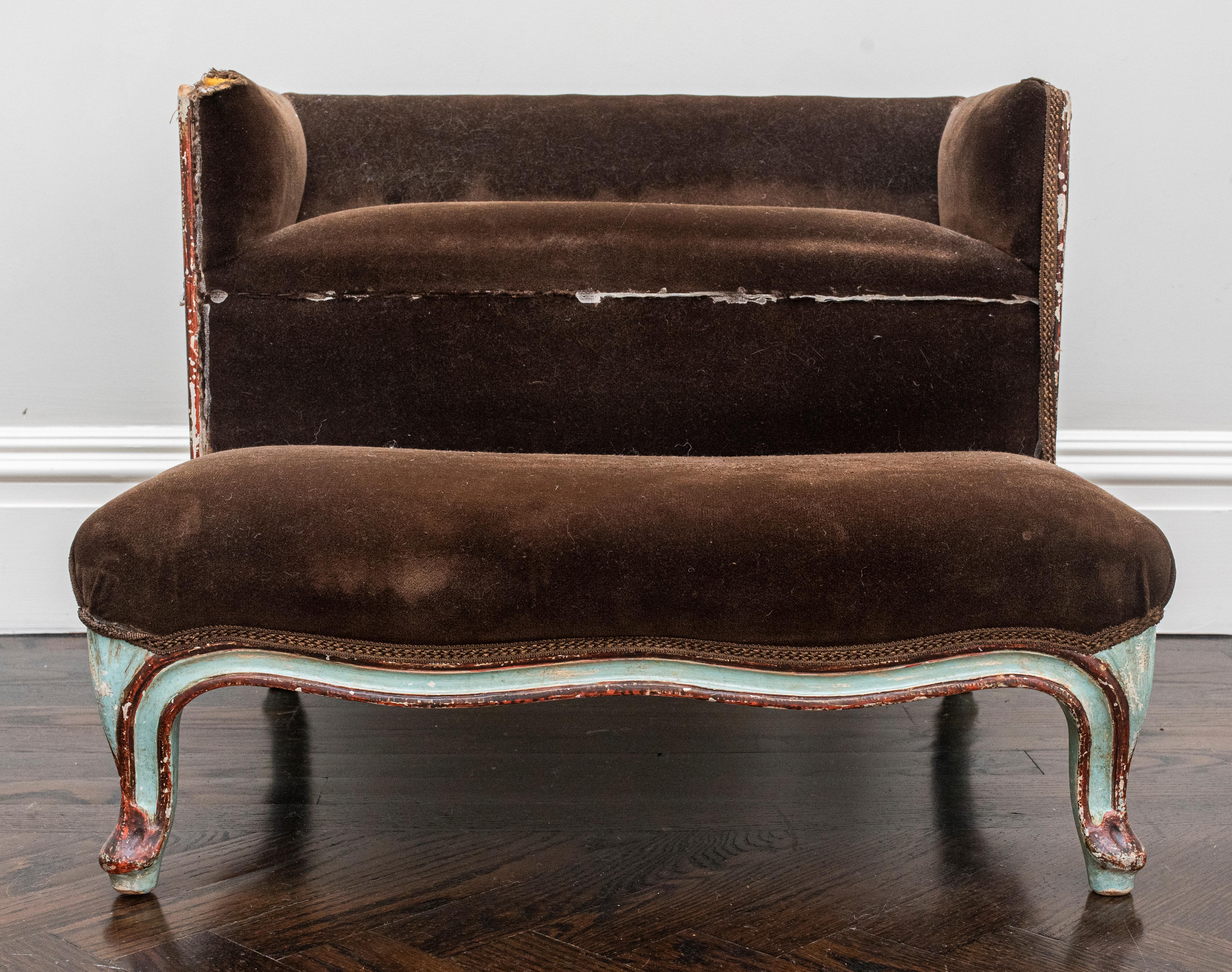 French 18th century upholstered carved and painted wood marchepied de lit bed steps, two upholstered treads above frame with cabriole legs. 17.5