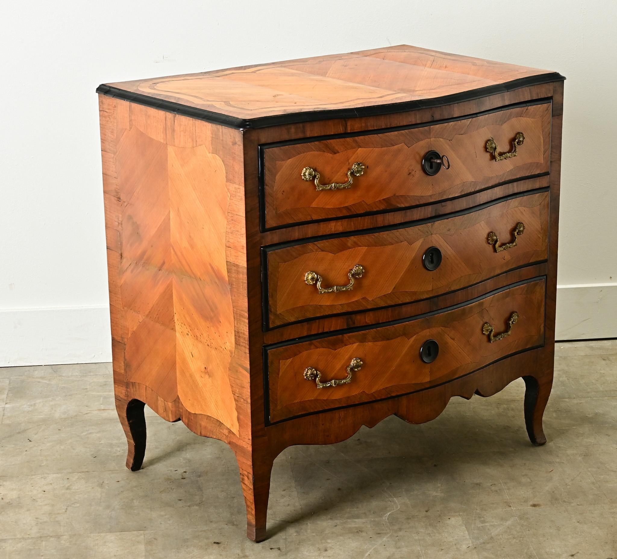 Bronze French 18th Century Marquetry Commode For Sale