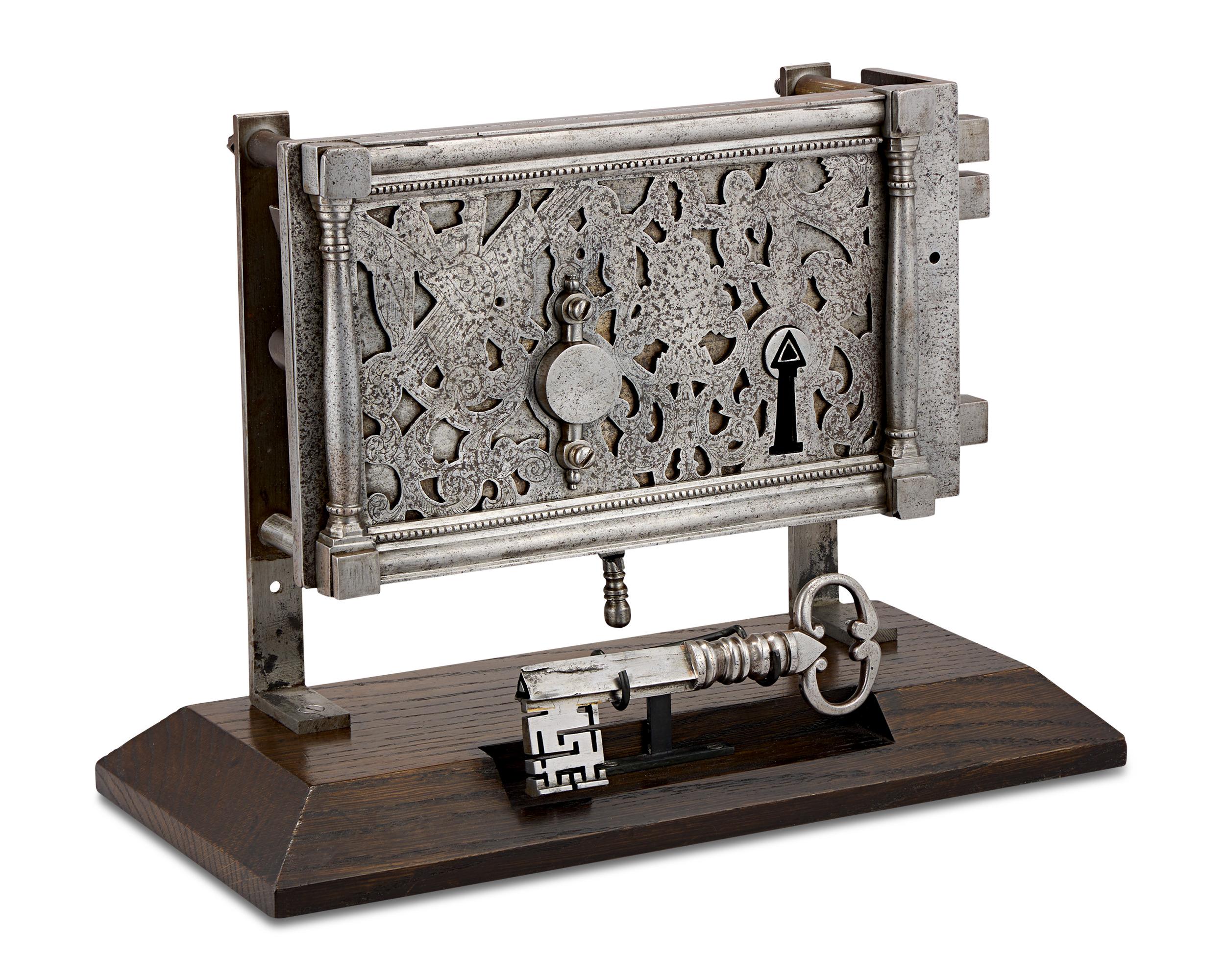 French Master’s Lock
18th Century

Ingeniously crafted with a hidden mechanism, this 18th-century French lock known as a serrure de maîtrise, or master’s lock, was likely used by safemakers to demonstrate the complexity and reliability of their