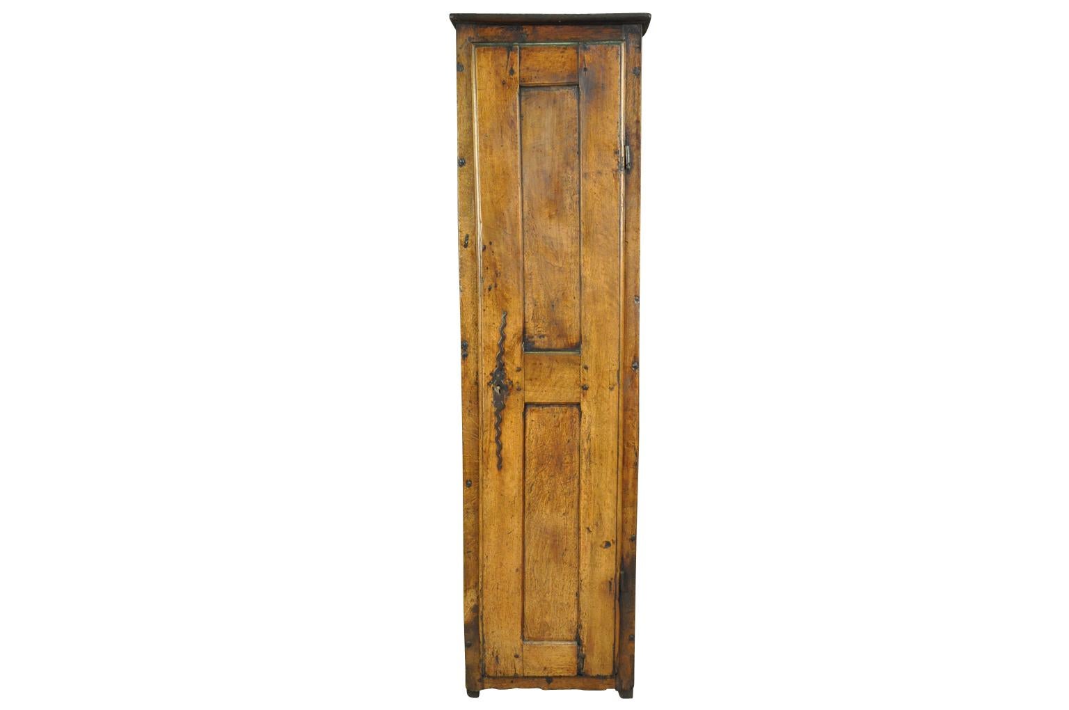 A very charming and primitive narrow cupboard - bonatiere from the South of France. Soundly constructed from walnut and chestnut with a shaped door panel, terrific hardware, sculpted apron and interior shelving. Super patina.