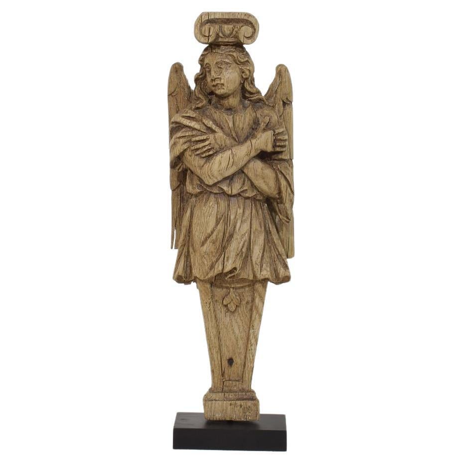 Figura di angelo cariatide in legno di Oak, intagliata a mano, francese del XVIII secolo