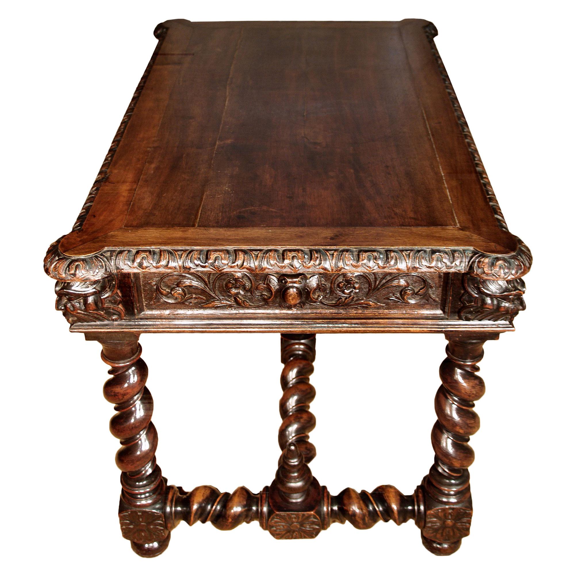 A gorgeous country French 18th century oak table filled with character. The table is raised by four square straight legs which are joined by an 'h' stretcher. The table, all pegged together, has a drawer at one end at the apron. The top has an