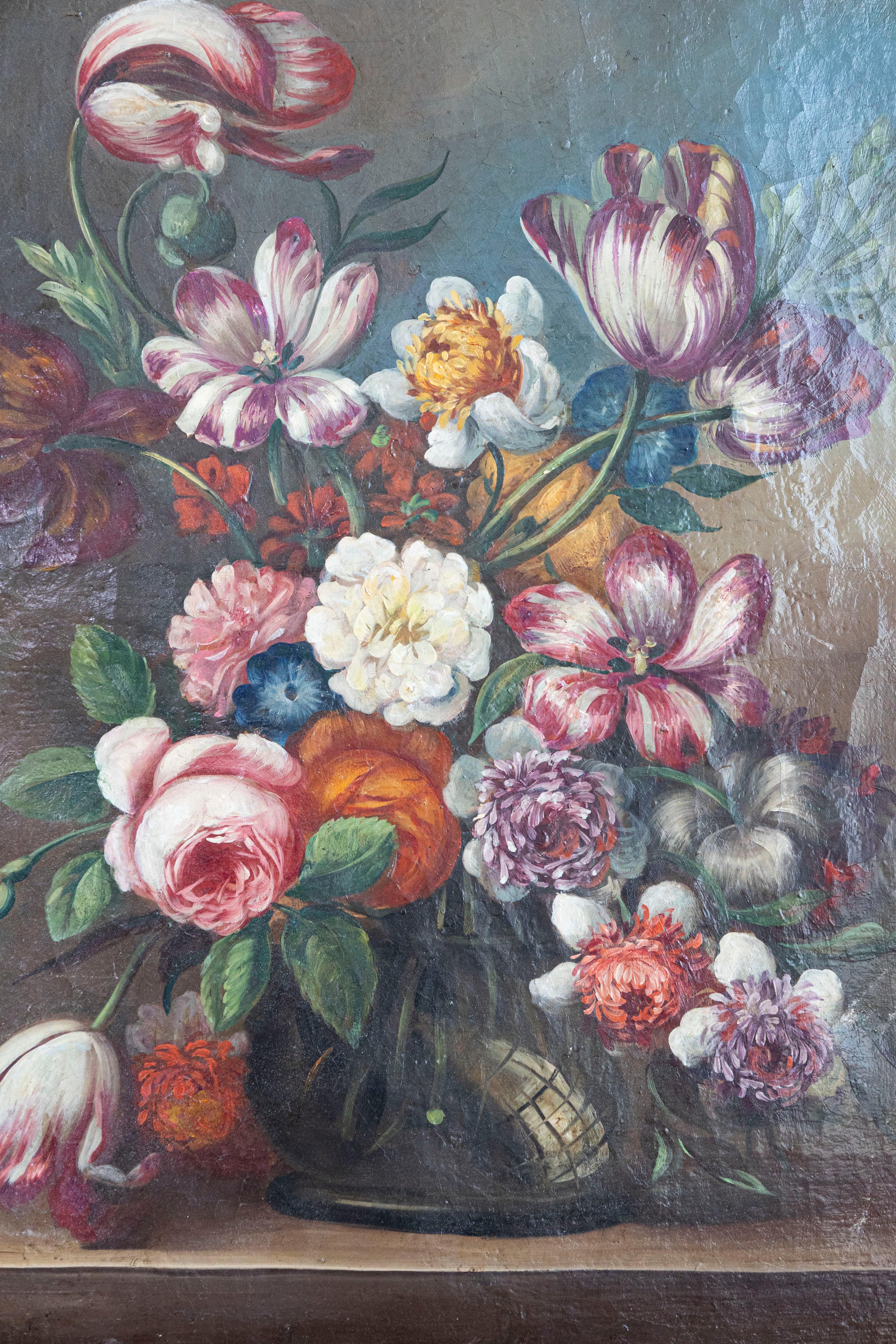 French 18th Century Oil on Canvas Floral Painting in the Dutch School Style In Good Condition For Sale In Atlanta, GA