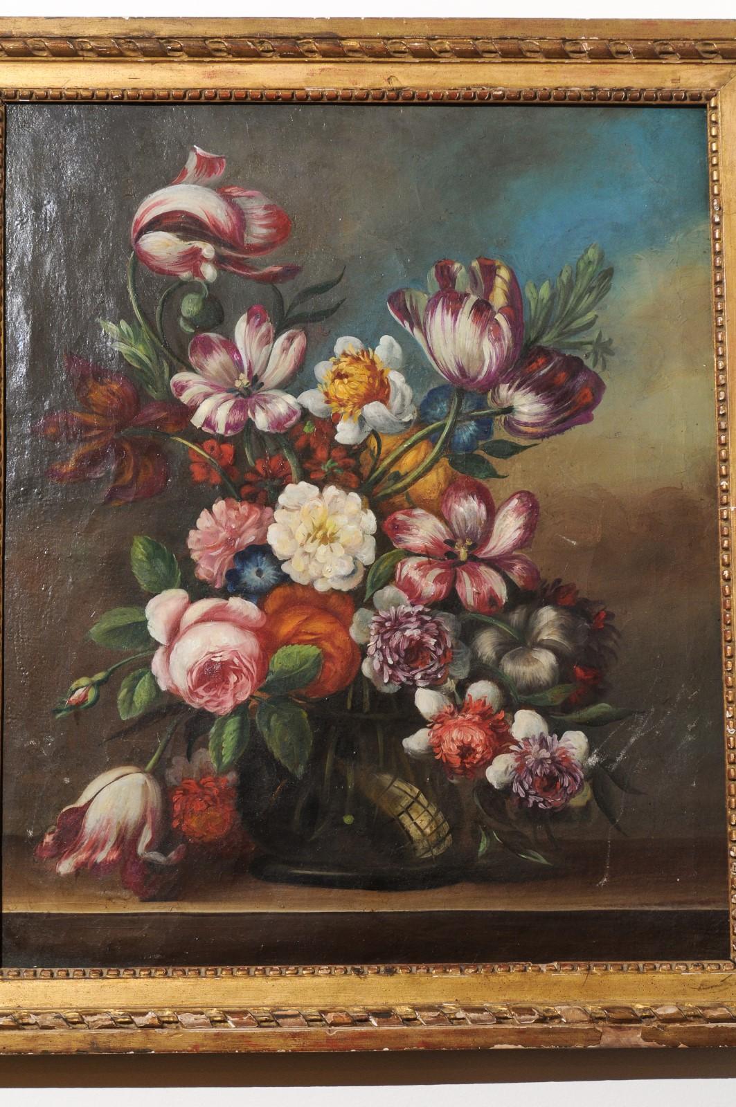 French 18th Century Oil on Canvas Floral Painting in the Dutch School Style In Good Condition For Sale In Atlanta, GA