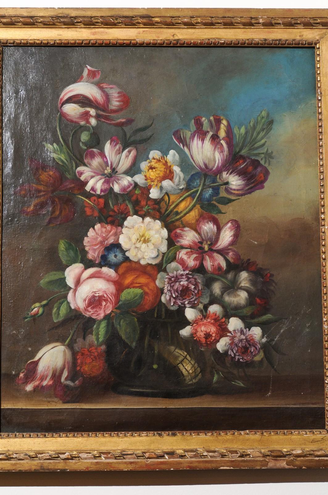Tela Pittura floreale su tela del XVIII secolo in stile scuola olandese