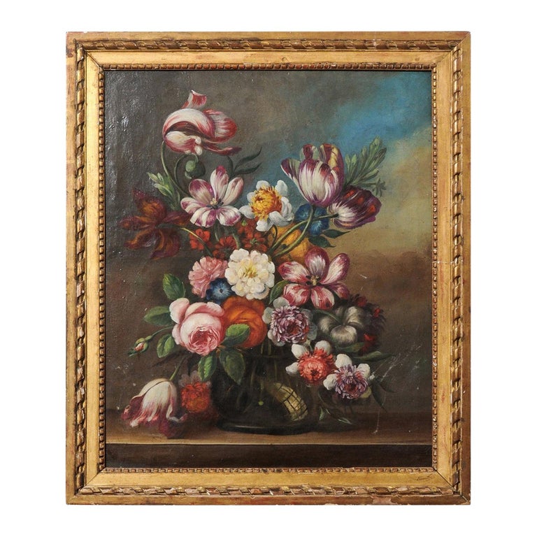 French 18th Century Oil on Canvas Floral Painting in the Dutch School Style For Sale