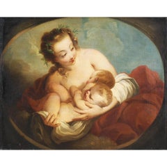 French 18th Century Oil on Canvas Mother and Twin Babies Fecundity after Lemoyne