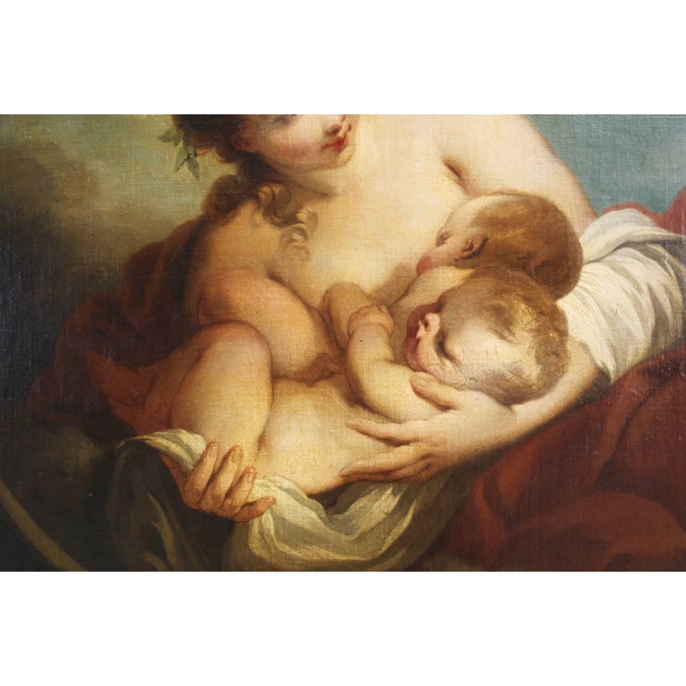 Carved French 18th Century Oil on Canvas Mother and Twin Babies Fecundity after Lemoyne For Sale
