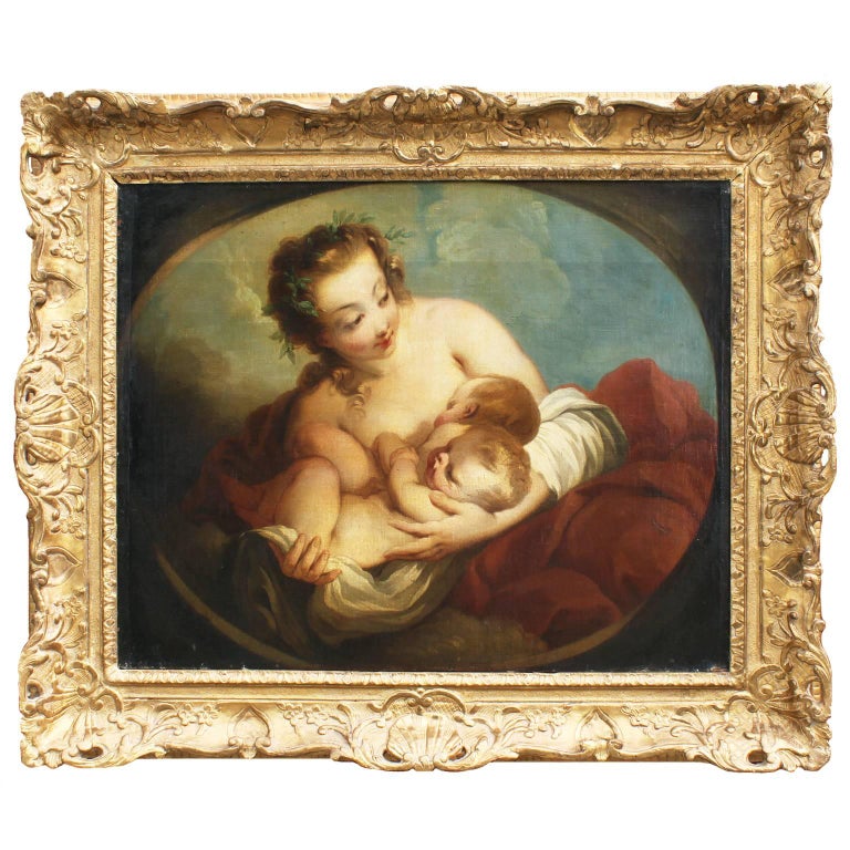 French 18th Century Oil on Canvas Mother and Twin Babies Fecundity after Lemoyne For Sale