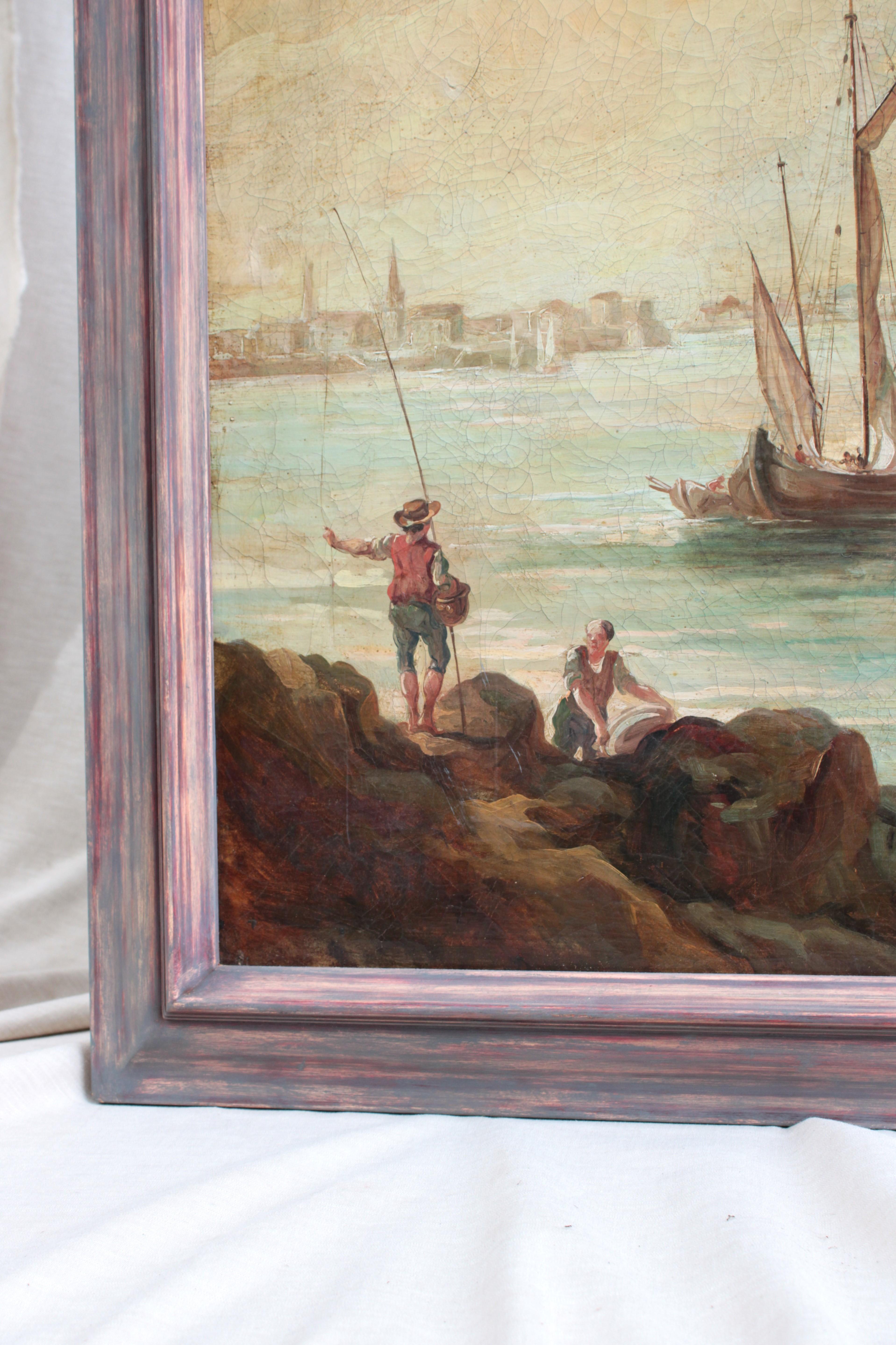 Huile sur toile française du 18ème siècle représentant un port avec des bateaux en vente 2