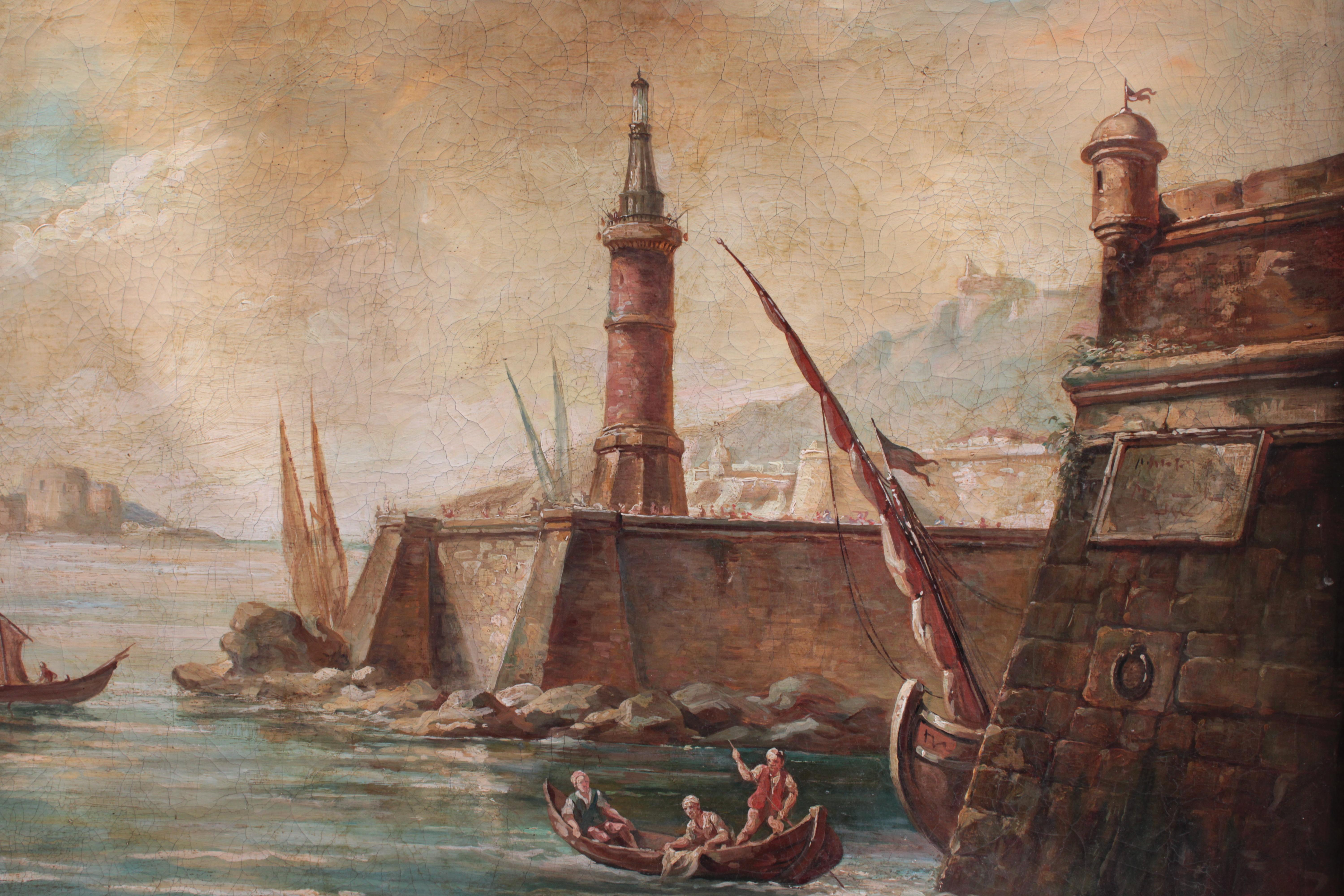 Huile sur toile française du 18ème siècle représentant un port avec des bateaux Excellent état - En vente à Lisboa, PT