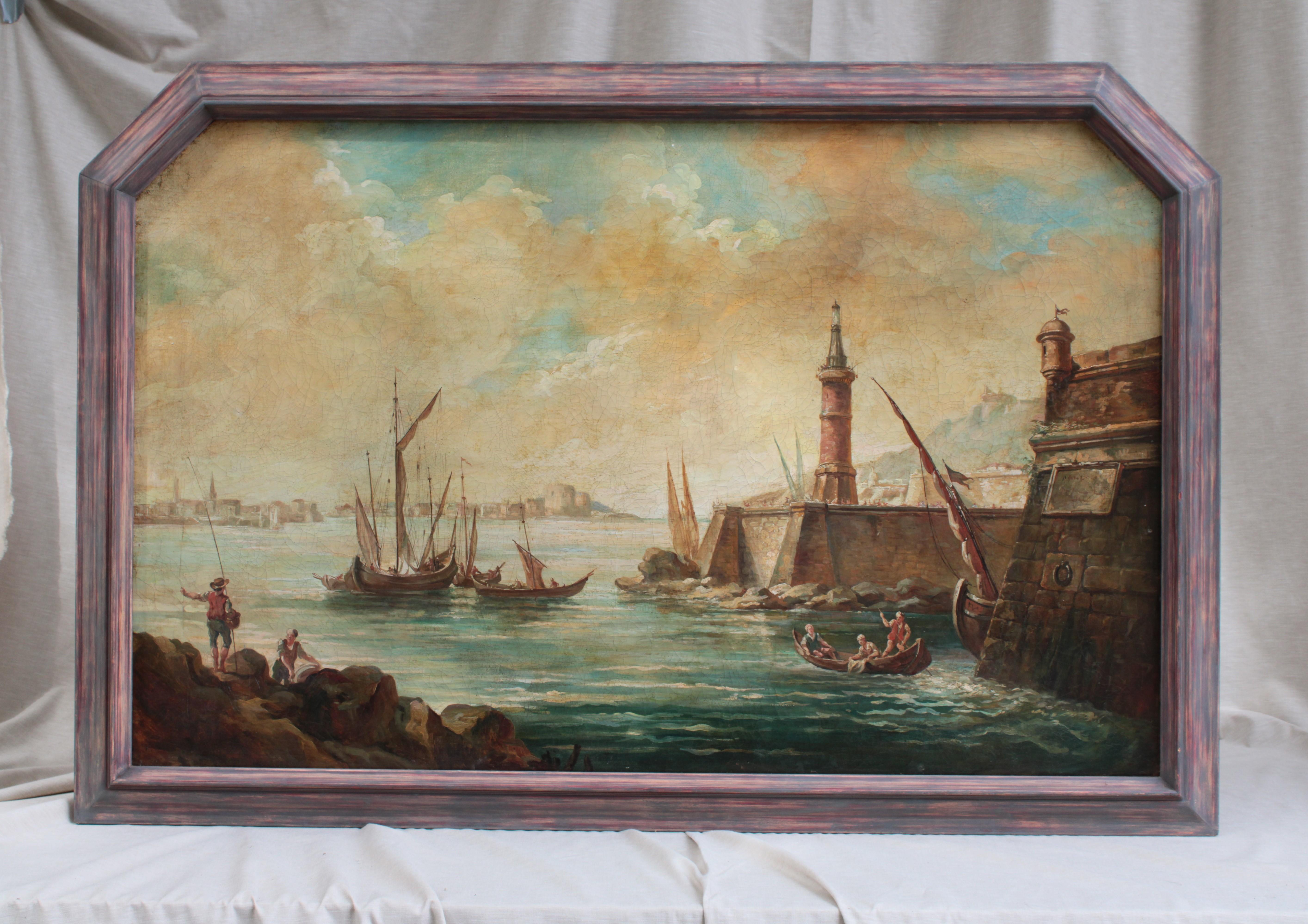 Une huile sur toile représentant un port avec des bateaux, à Marseille, et attribuée à l'école de Joseph Vernet. France, 18e siècle.

Joseph Vernet était un éminent artiste français du XVIIIe siècle, spécialisé dans la représentation de scènes