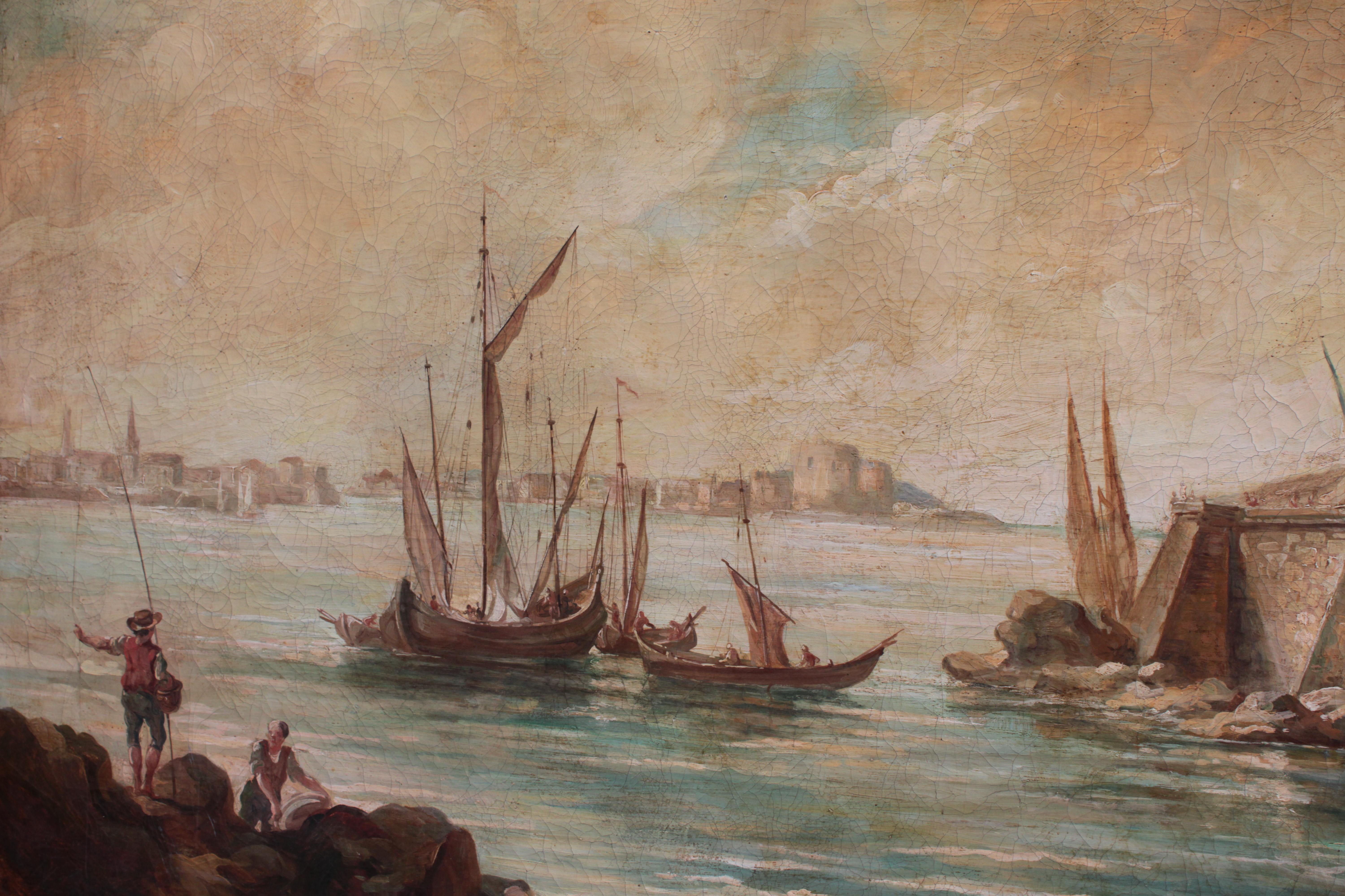 XVIIIe siècle et antérieur Huile sur toile française du 18ème siècle représentant un port avec des bateaux en vente